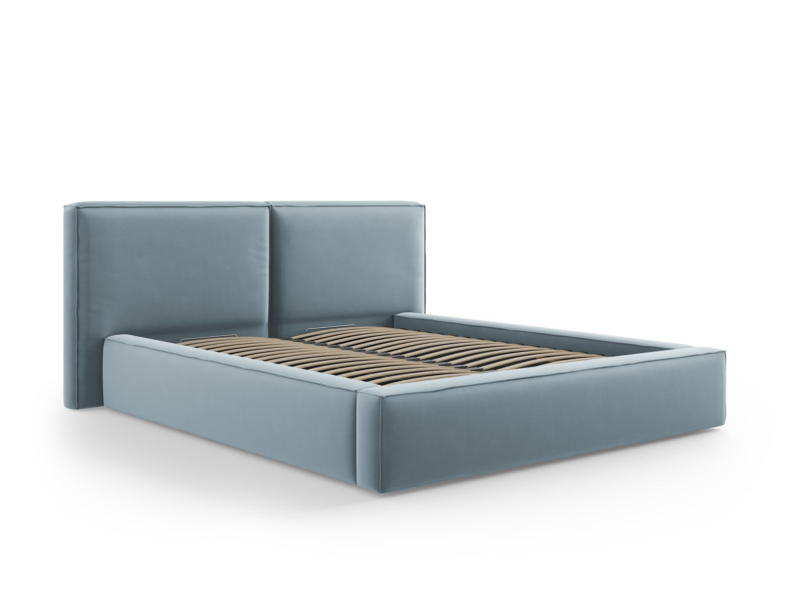 Stilvolles Arendal Velour Bett in zartem Hellblau, ausgestattet mit praktischem Stauraum und einem doppelten Kopfteil für zusätzlichen Komfort.