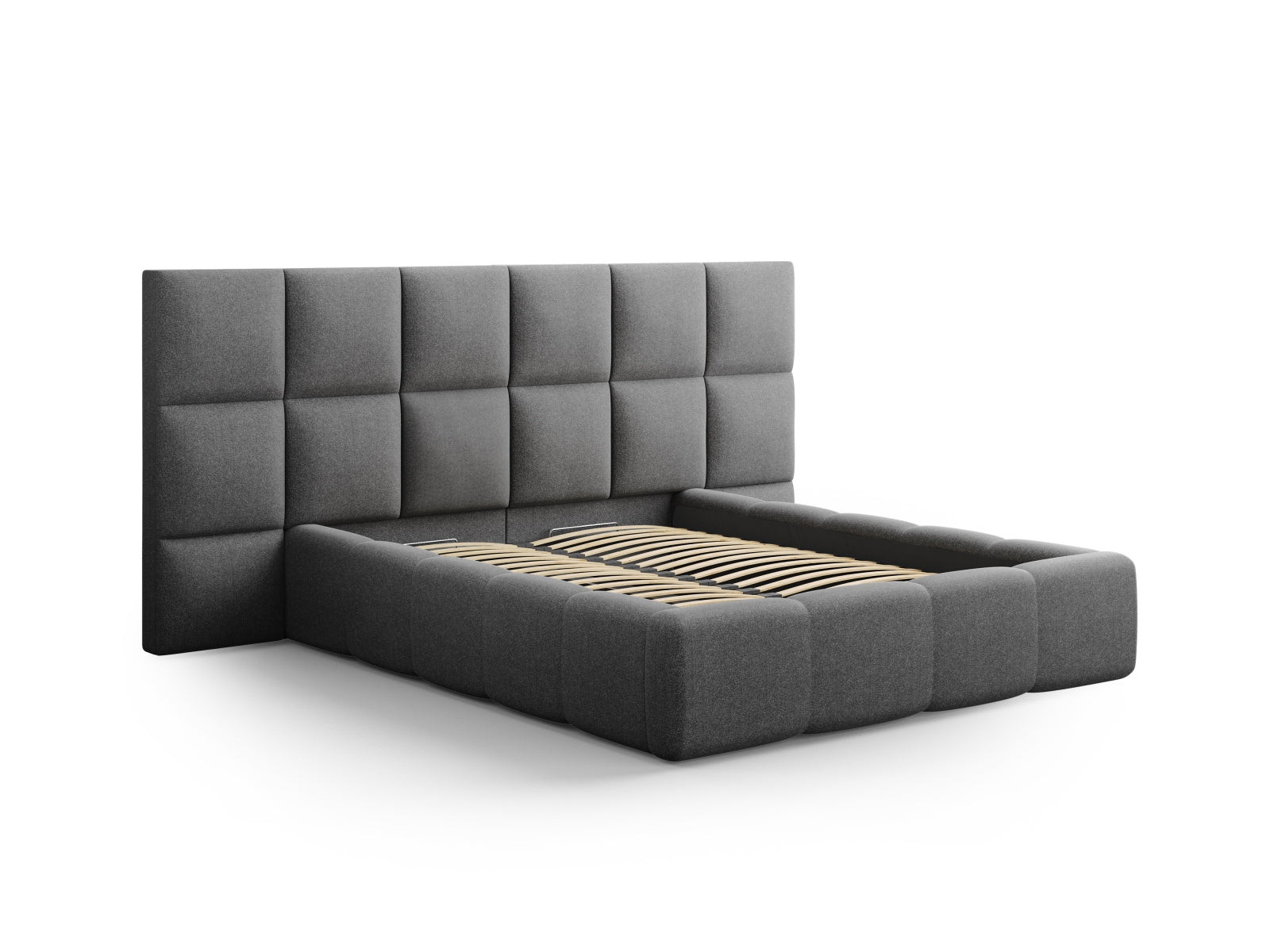 Elegantes Livigno Bett mit praktischem Stauraum und stilvollem Doppelkopfteil in Dunkelgrau, ideal für moderne Schlafzimmer.