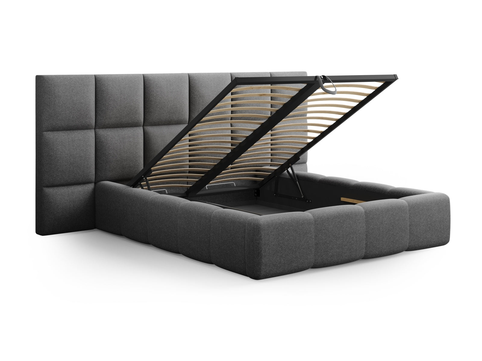 Elegantes Livigno Bett in Dunkelgrau mit praktischem Stauraum und doppeltem Kopfteil, ideal für ein modernes Schlafzimmer.