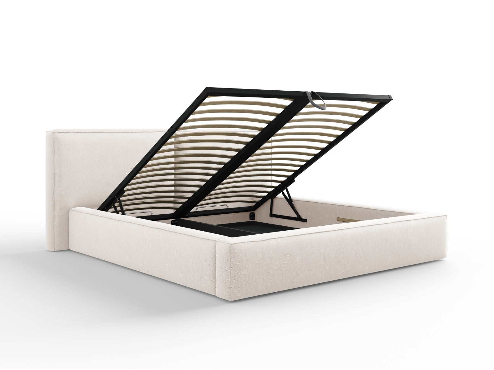Luxuriöses Arendal Velour Bett in sanftem Beige, ausgestattet mit Stauraum und einem doppelten Kopfteil für maximalen Komfort.