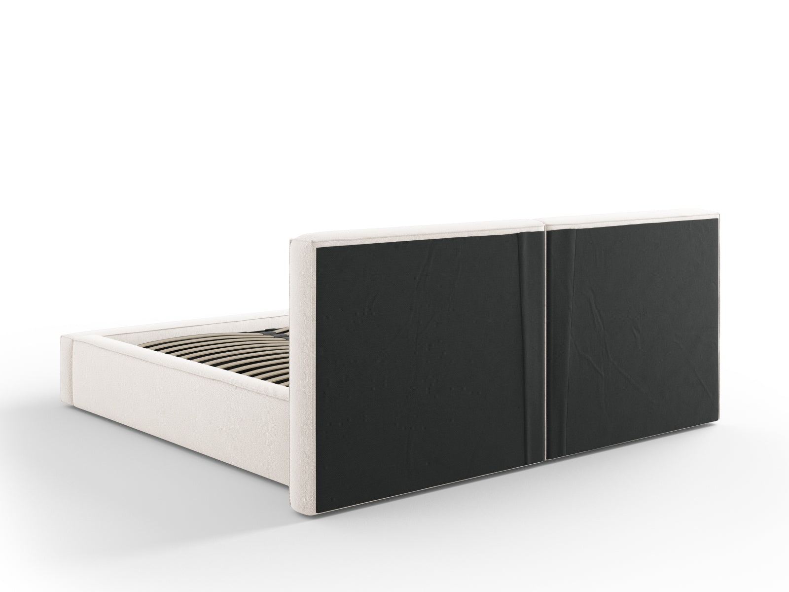 Elegantes Arendal Velour Bett in zartem Beige, bietet praktischen Stauraum und ein stilvolles doppeltes Kopfteil für zusätzlichen Komfort.