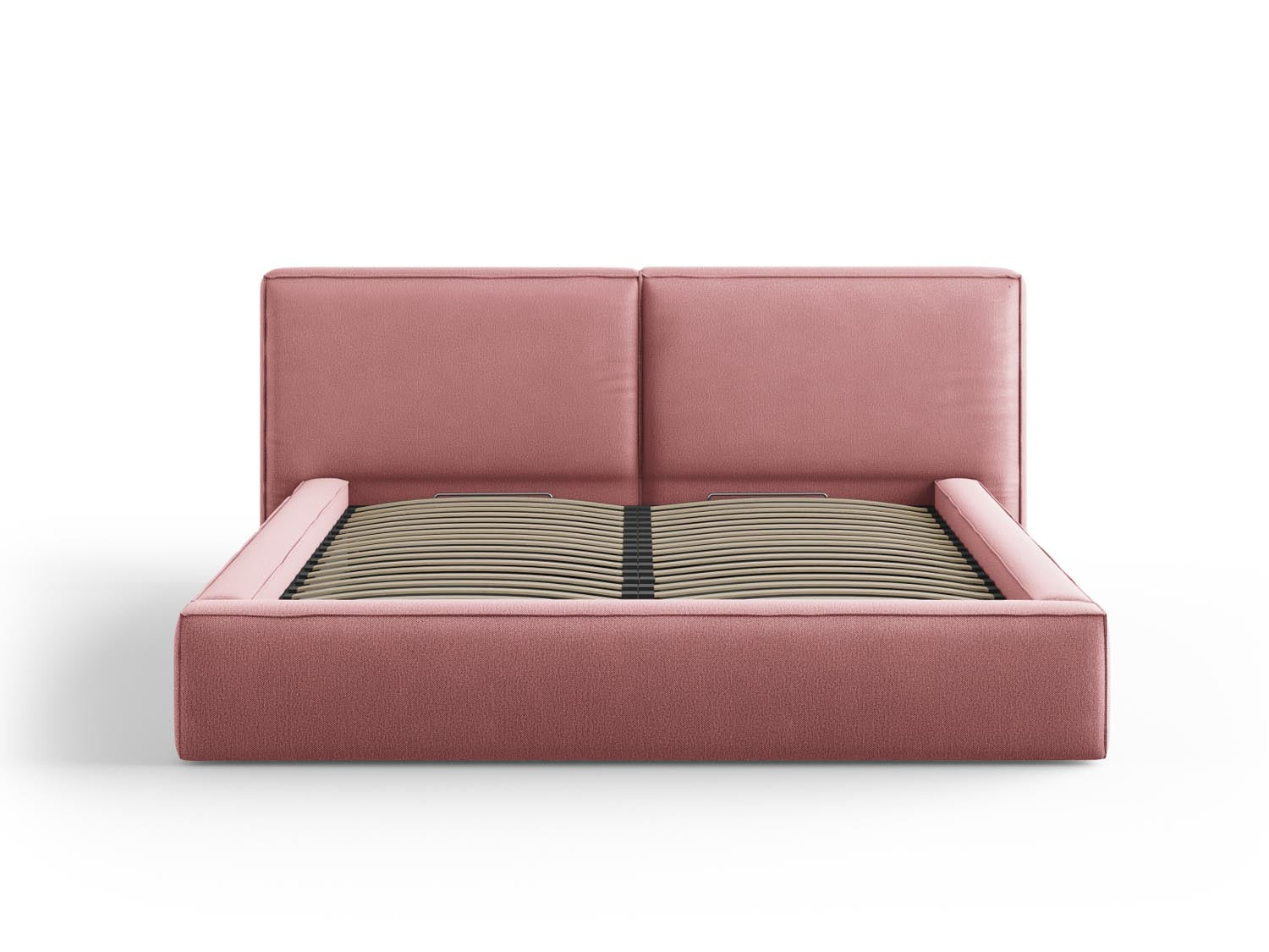 Elegantes Arendal Velour Bett in Pink mit praktischem Stauraum und doppeltem Headboard, ideal für stilvolle Schlafzimmer.