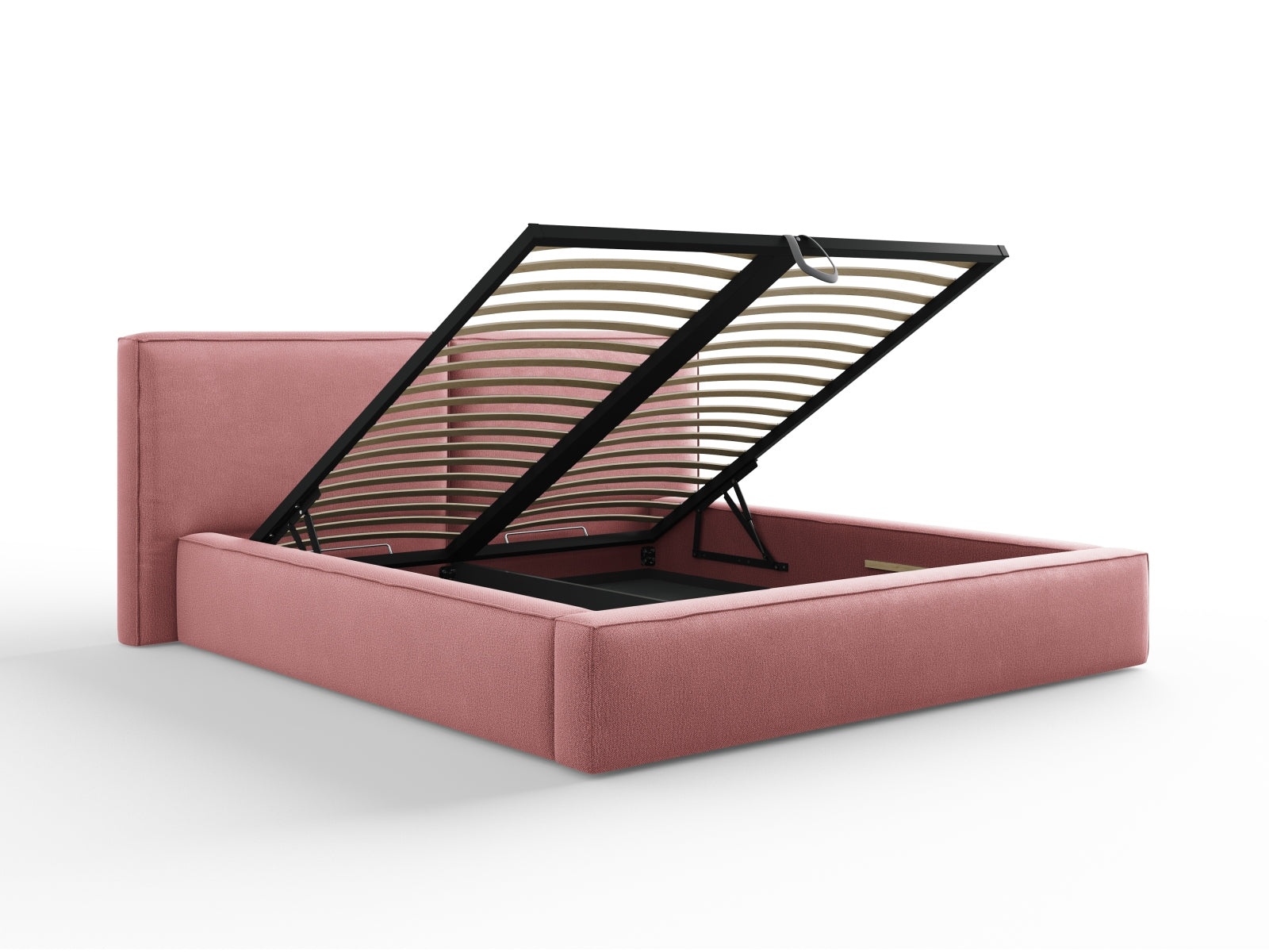 Stilvolles Arendal Velour Bett in sanftem Rosa, ausgestattet mit praktischem Stauraum und einem doppelten Kopfteil für zusätzlichen Komfort.