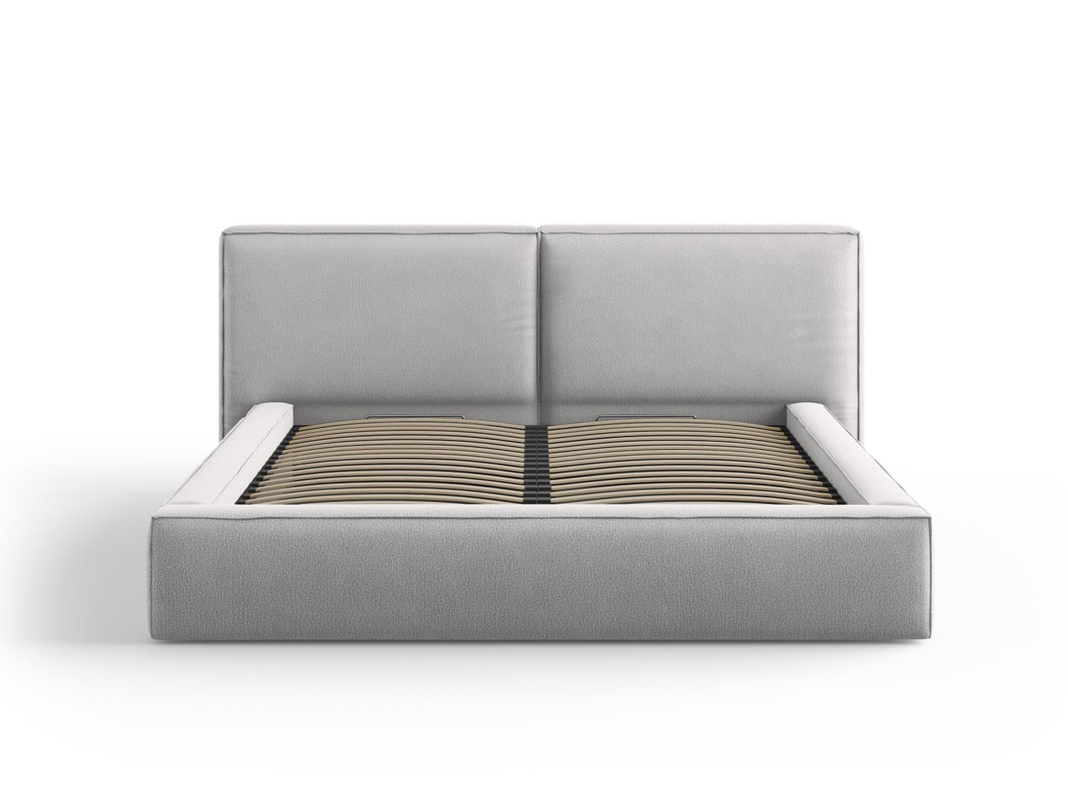 Elegantes Arendal Velour Bett in Light Grey mit praktischem Stauraum und doppeltem Headboard, ideal für stilvolle Schlafzimmer.