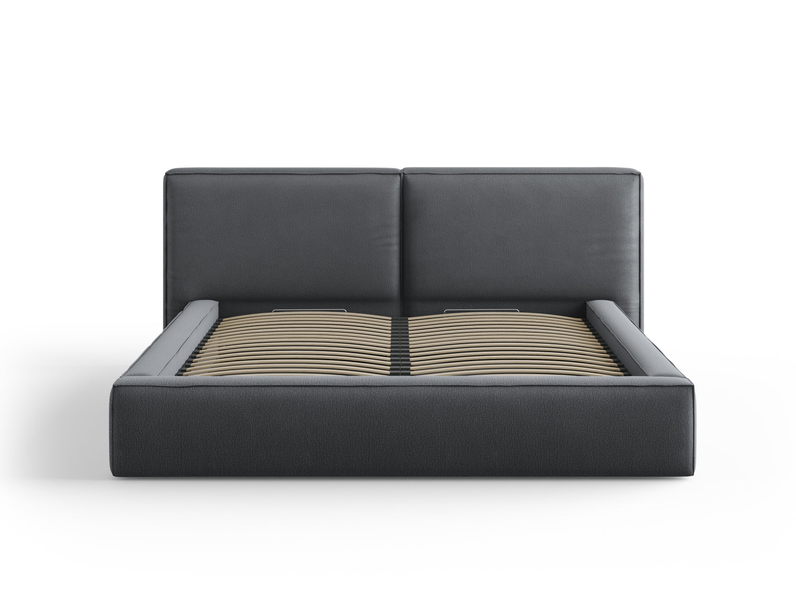 Elegantes Arendal Velour Bett in Dunkelgrau mit praktischem Stauraum und doppeltem Kopfteil, ideal für stilvolle Schlafzimmer.