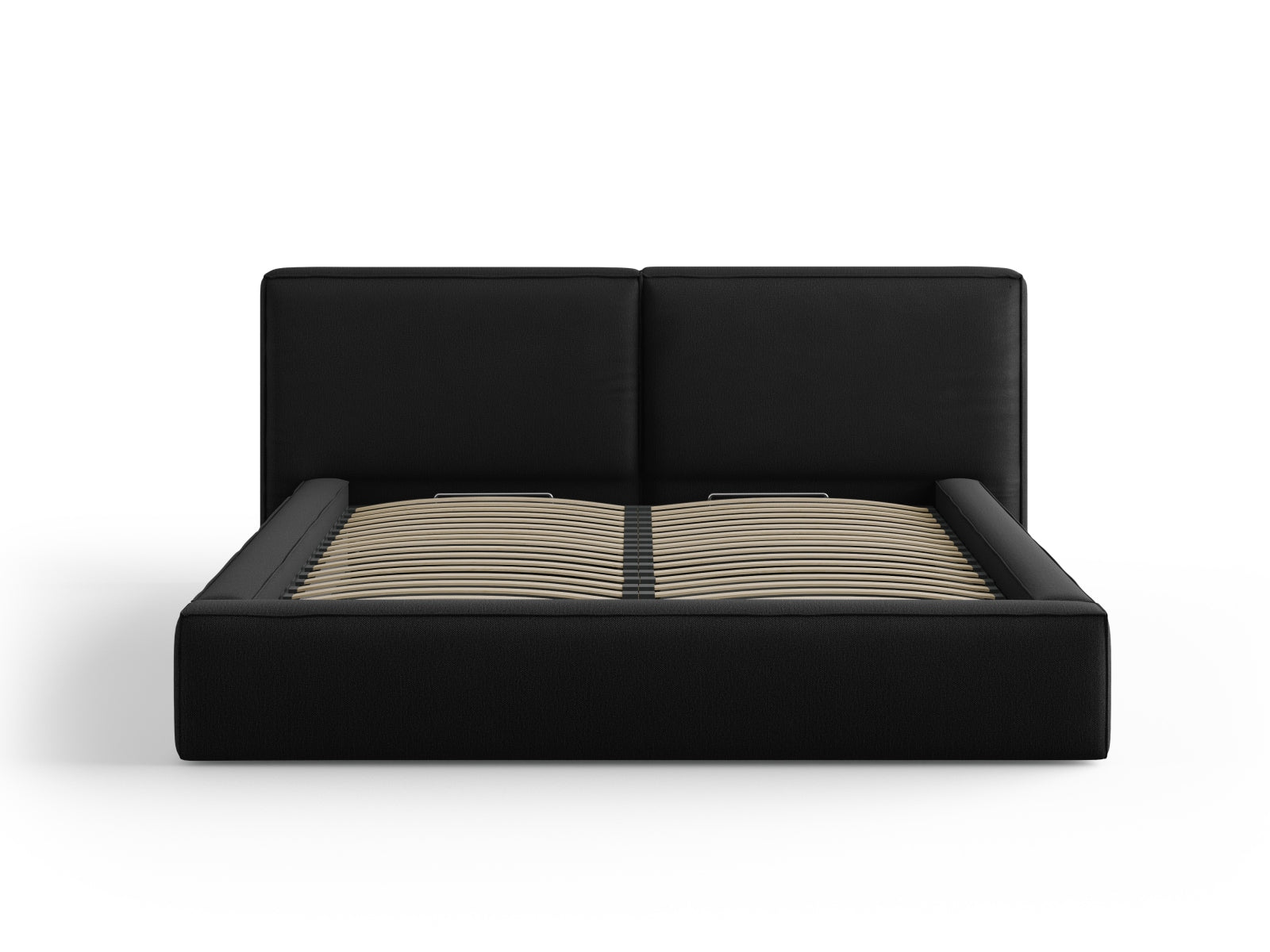 Elegantes Arendal Velour Bett in Schwarz mit praktischem Stauraum und doppeltem Kopfteil, ideal für stilvolle Schlafzimmer.