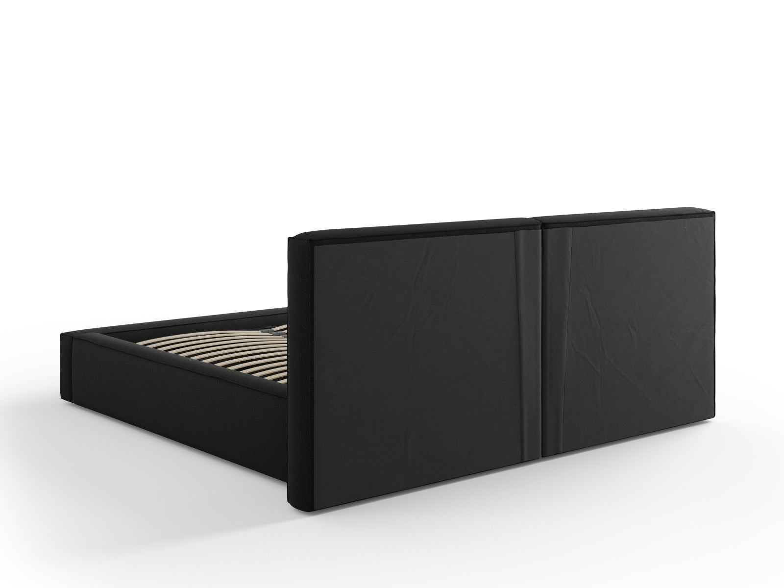 Elegantes Arendal Velour Bett in Schwarz, ausgestattet mit doppeltem Kopfteil und praktischem Stauraum für stilvolle Schlafzimmer.