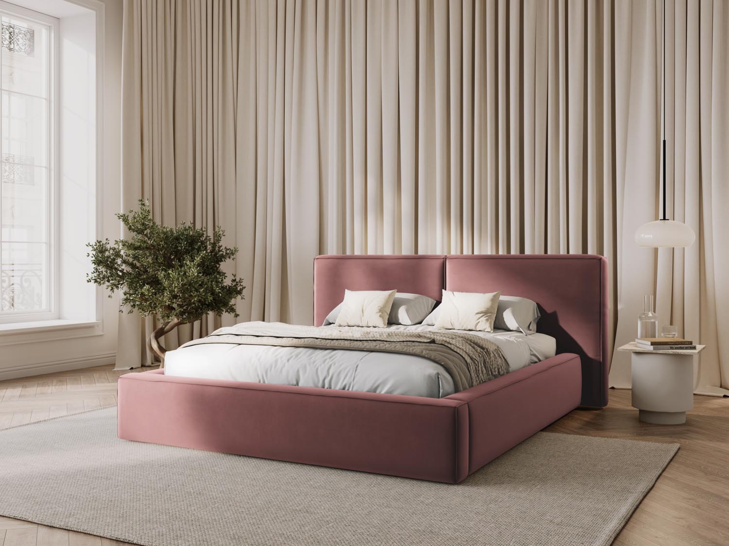 Elegantes Arendal Velour Bett in Pink-Casino mit praktischem Stauraum und doppeltem Headboard, ideal für stilvolle Schlafzimmer.
