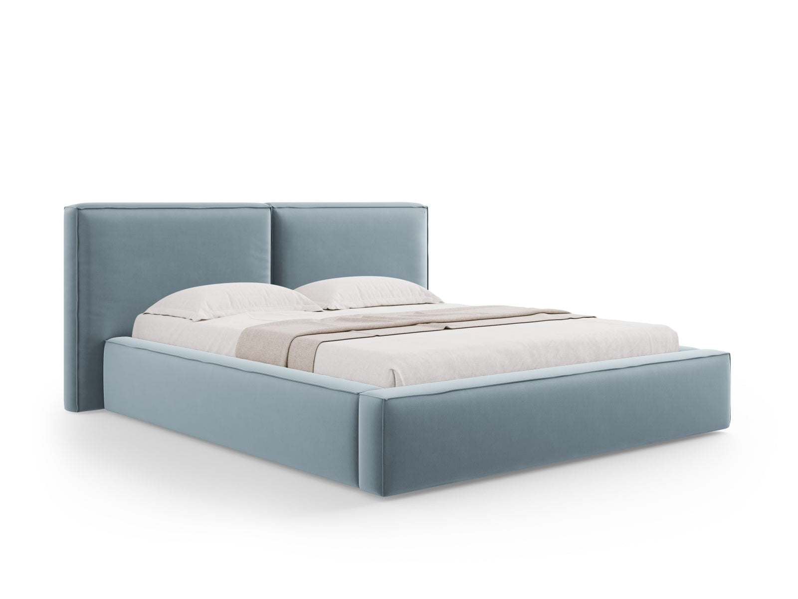 Arendal Velour Bett mit Stauraum und doppeltem Headboard 200cm in Light Blue-Casino präsentiert im Onlineshop von KAQTU Design AG. Bett ist von Cosmopolitan Design
