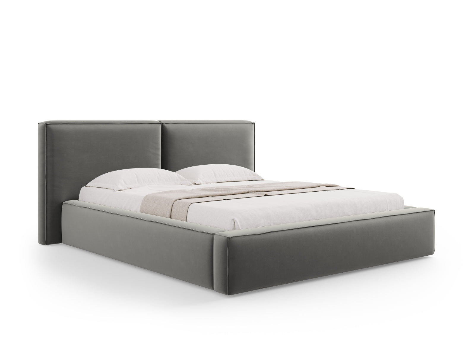 Arendal Velour Bett mit Strauaum und doppeltem Headboard  251cm in Light Grey präsentiert im Onlineshop von KAQTU Design AG. Bett ist von Cosmopolitan Design