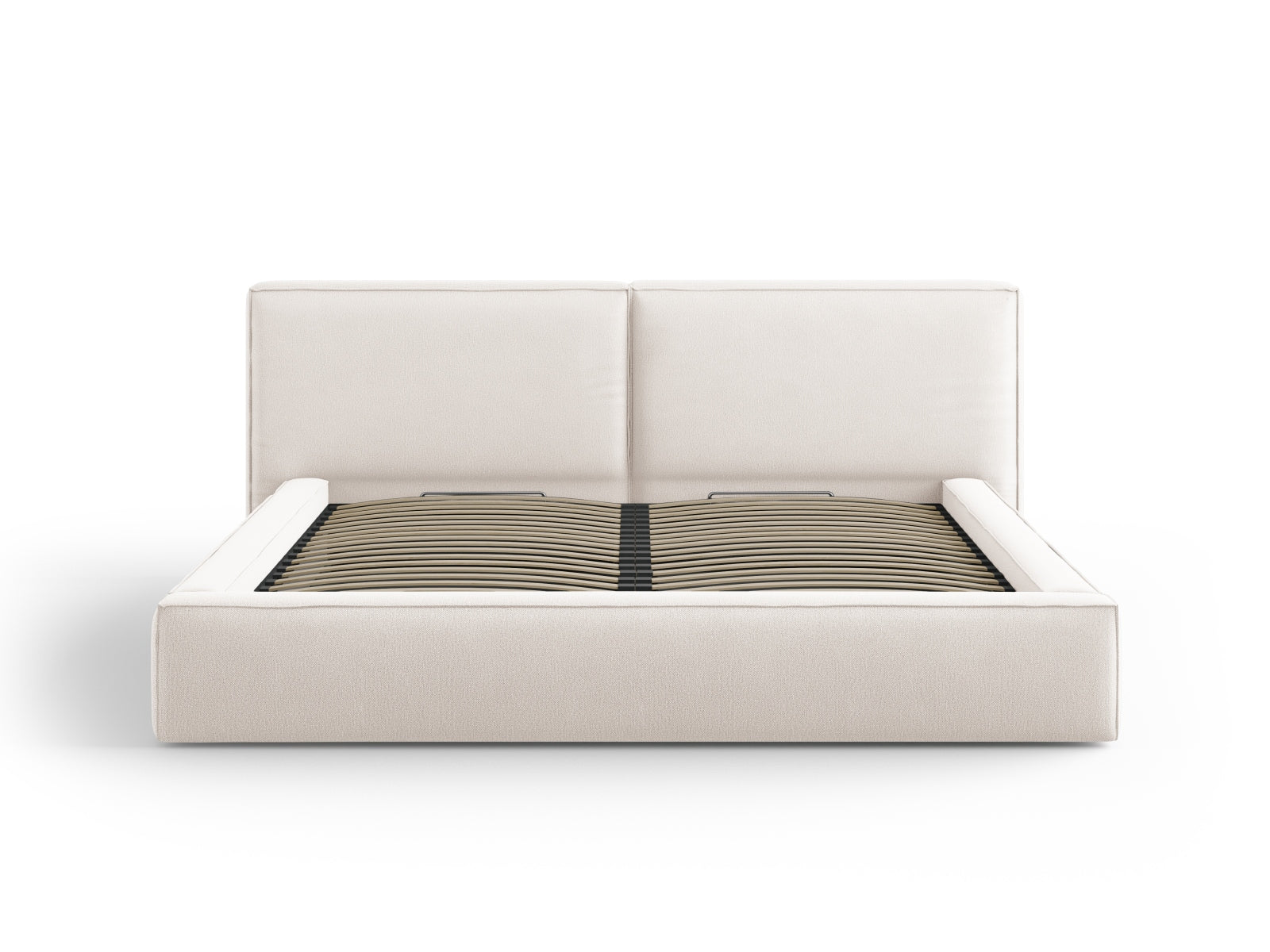 Elegantes Arendal Velour Bett in Light Beige mit praktischem Stauraum und doppeltem Headboard, ideal für stilvolle Schlafzimmer.