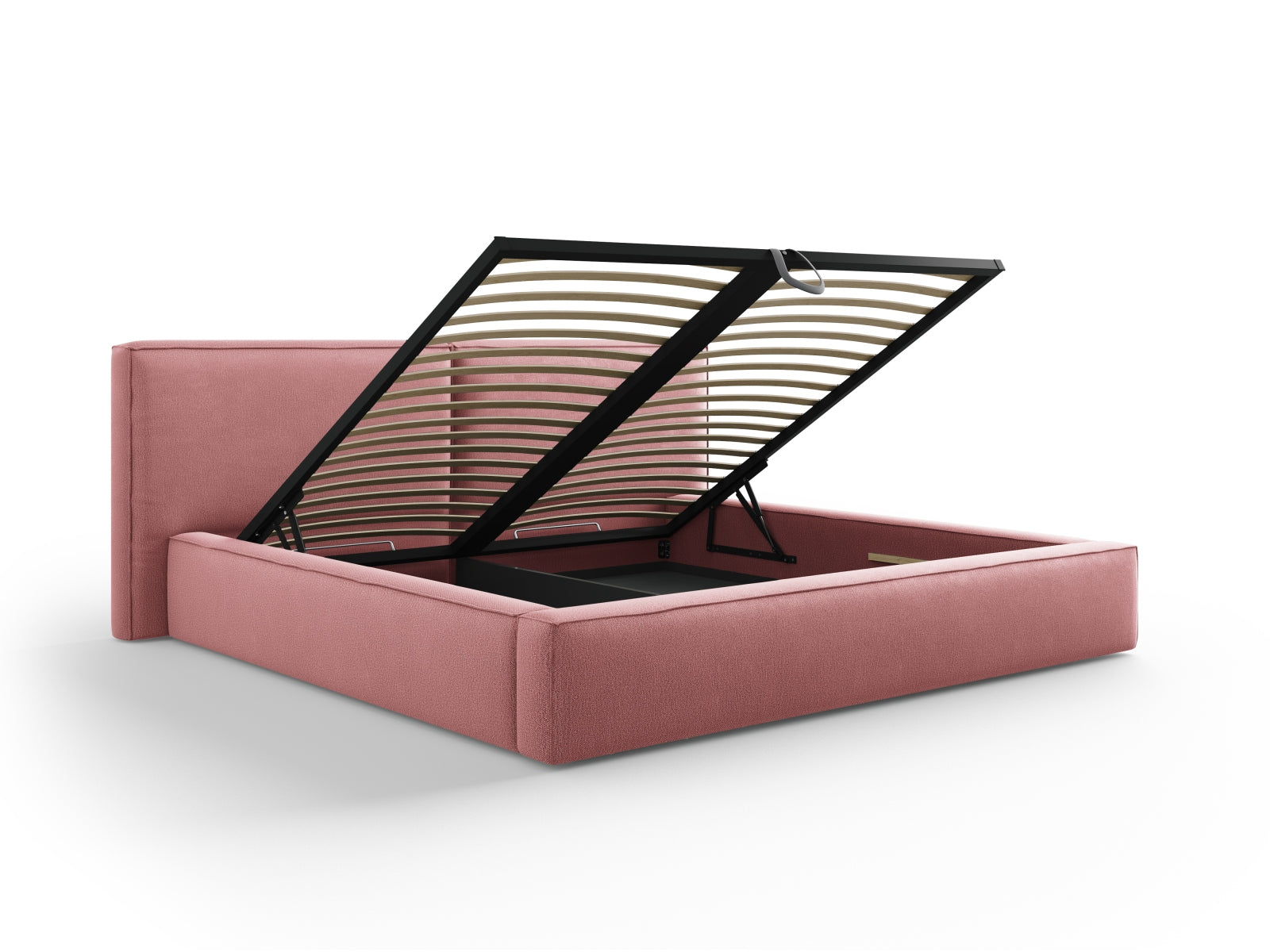 Luxuriöses Arendal Velour Bett in sanftem Rosa, ausgestattet mit cleverem Stauraum und einem doppelten Kopfteil für zusätzlichen Komfort.