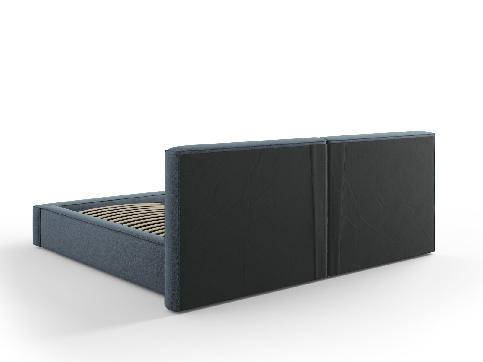 Elegantes Arendal Velour Bett in dunklem Blau, bietet cleveren Stauraum und ein luxuriöses doppeltes Kopfteil für optimalen Schlafkomfort.