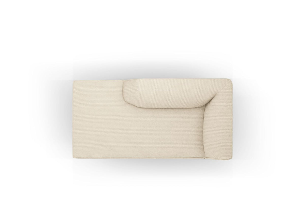 Chaiselongue Siena links, 1-Sitzer 181cm, Cordstoff Scala in Light Beige, Massivholzrahmen, schwarze Kunststoffbeine, niedrige Rückenlehne.