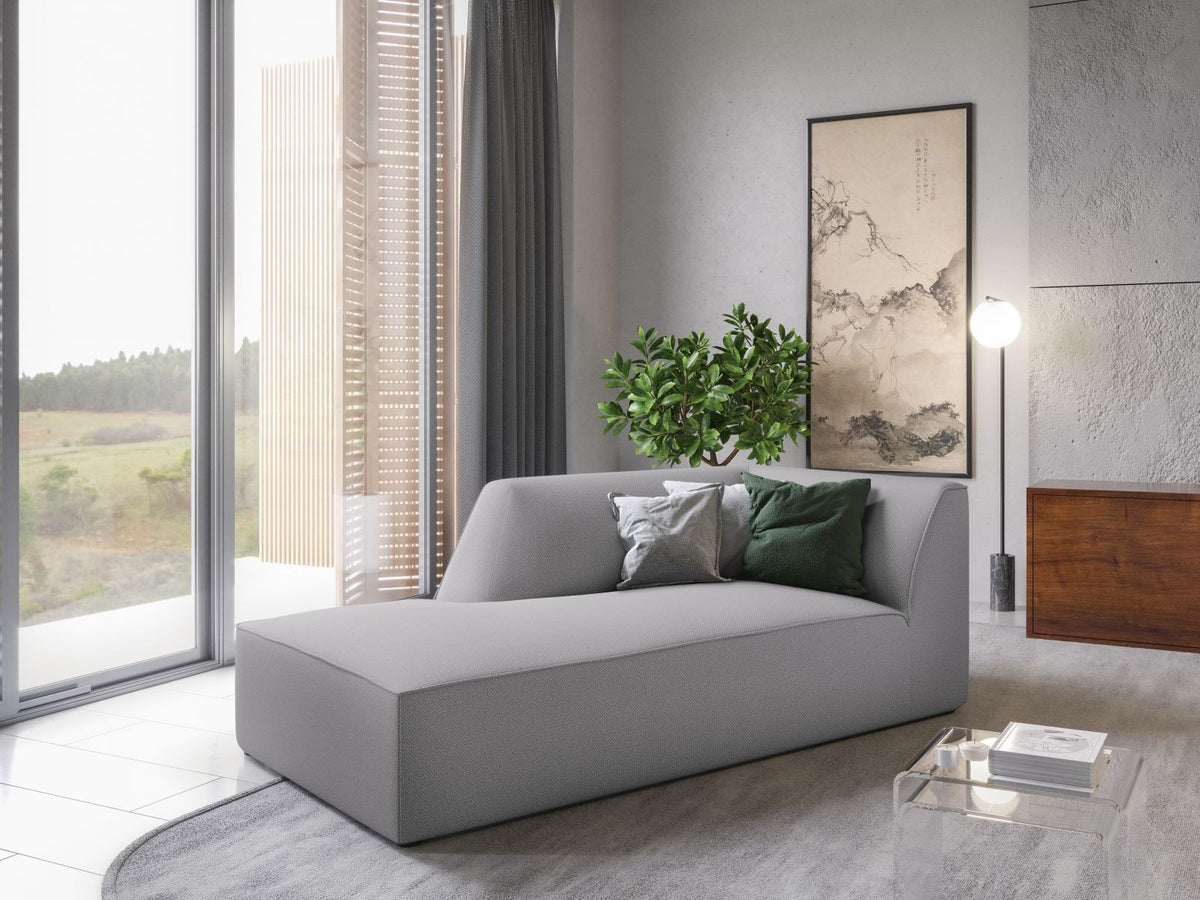 Chaiselongue Siena links, 1-Sitzer 181cm, Cordstoff Scala in Light Beige, Massivholzrahmen, schwarze Kunststoffbeine, niedrige Rückenlehne.