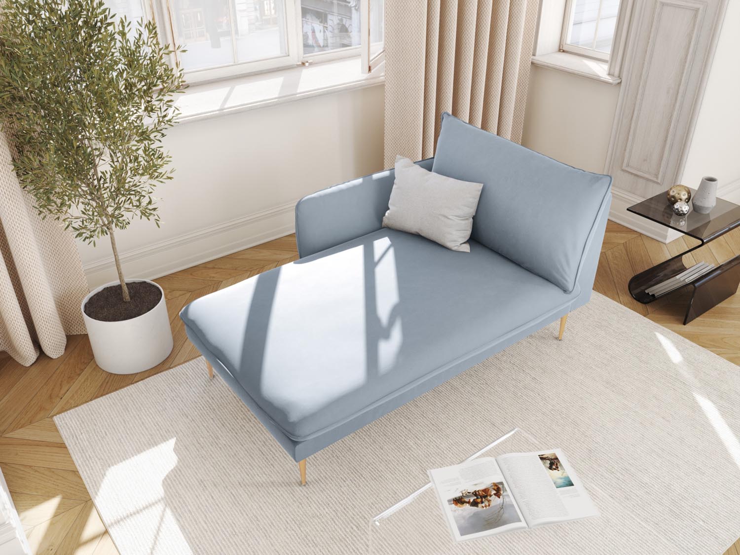 Elegantes Vienna Velour Sofa Chaise Lounge links mit 1 Sitz und 110 cm in sanftem Hellblau, ideal für stilvolle Wohnräume.