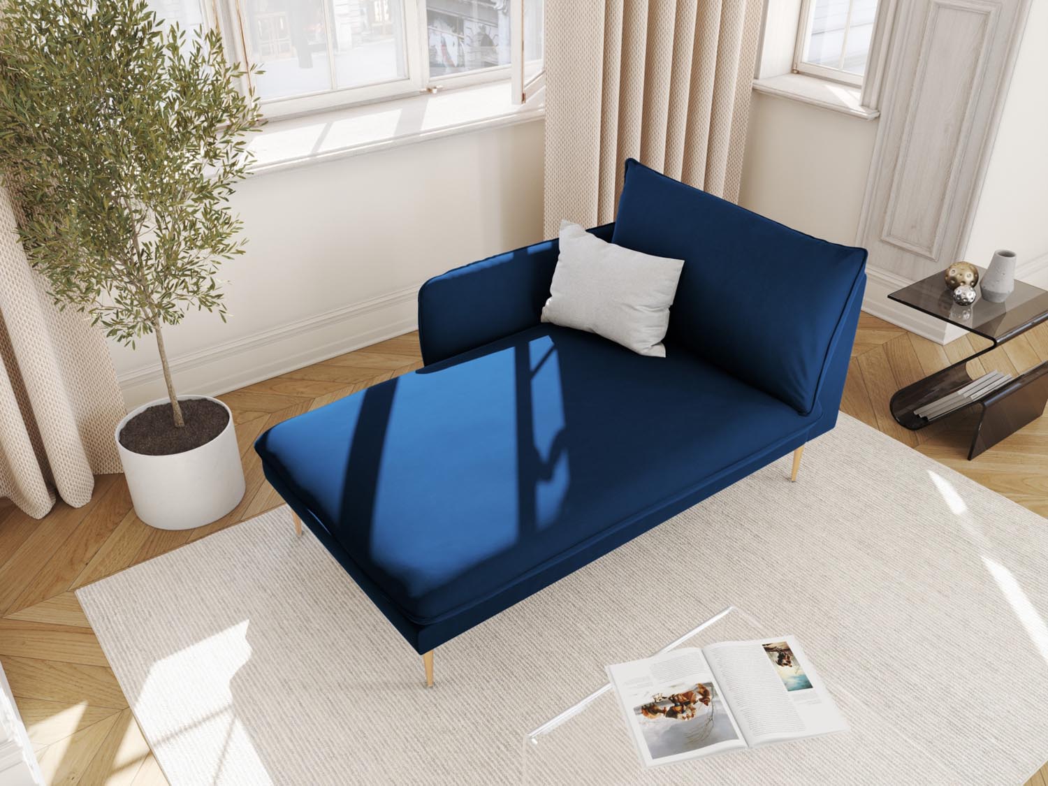 Elegantes Vienna Velour Sofa Chaise Lounge links mit luxuriösem Royal Blue Bezug, ideal für stilvolle Wohnräume.