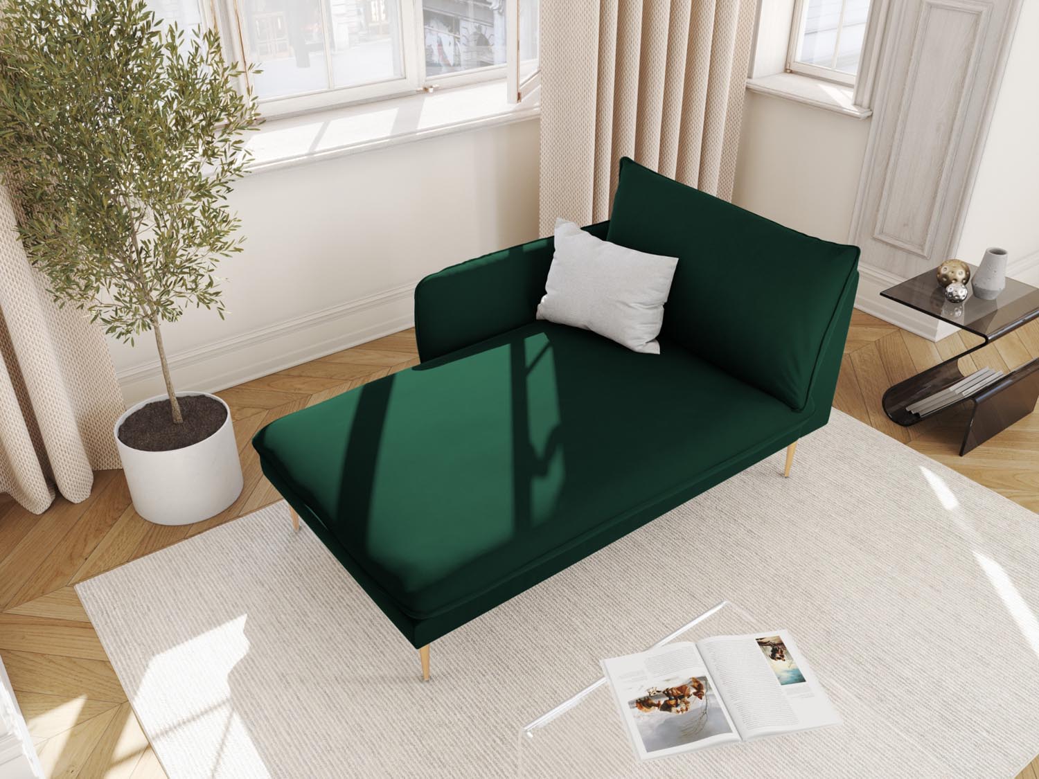 Elegantes Vienna Velour Sofa Chaise Lounge links mit 1 Sitz in edlem Bottle Green, ideal für stilvolle Wohnräume.