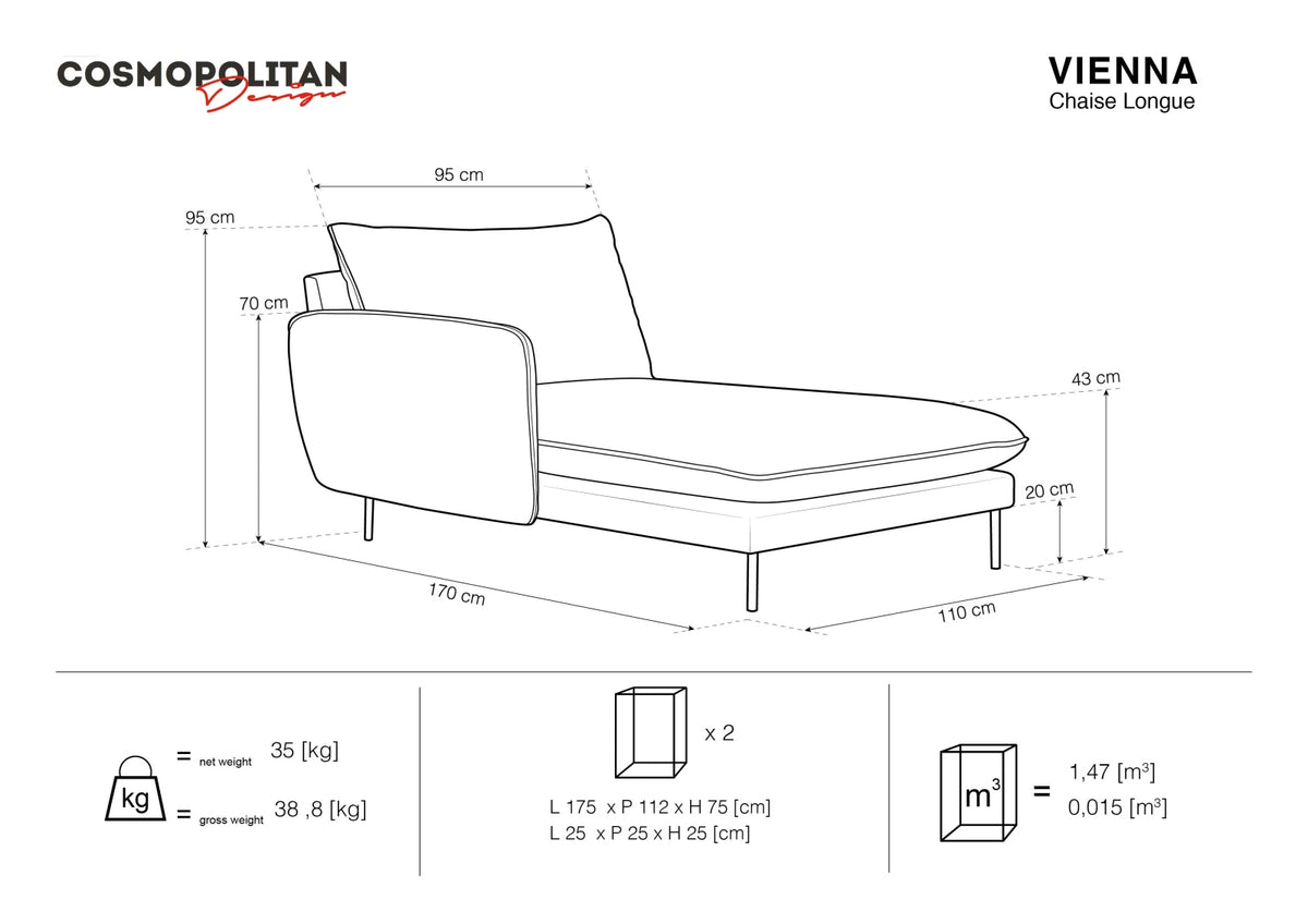 Vienna Velour Sofa Chaise Lounge links 1 Sitz 110cm in Light Grey/Gold-Bluvel präsentiert im Onlineshop von KAQTU Design AG. L-Sofa links ist von Cosmopolitan Design
