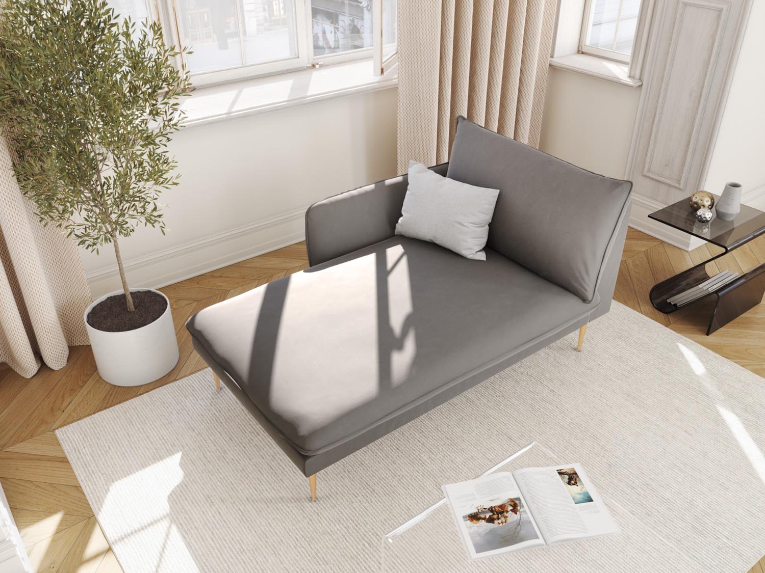 Elegantes Vienna Velour Sofa Chaise Lounge links mit 1 Sitz und 110 cm in sanftem Hellgrau und goldenen Akzenten, ideal für stilvolle Wohnräume.