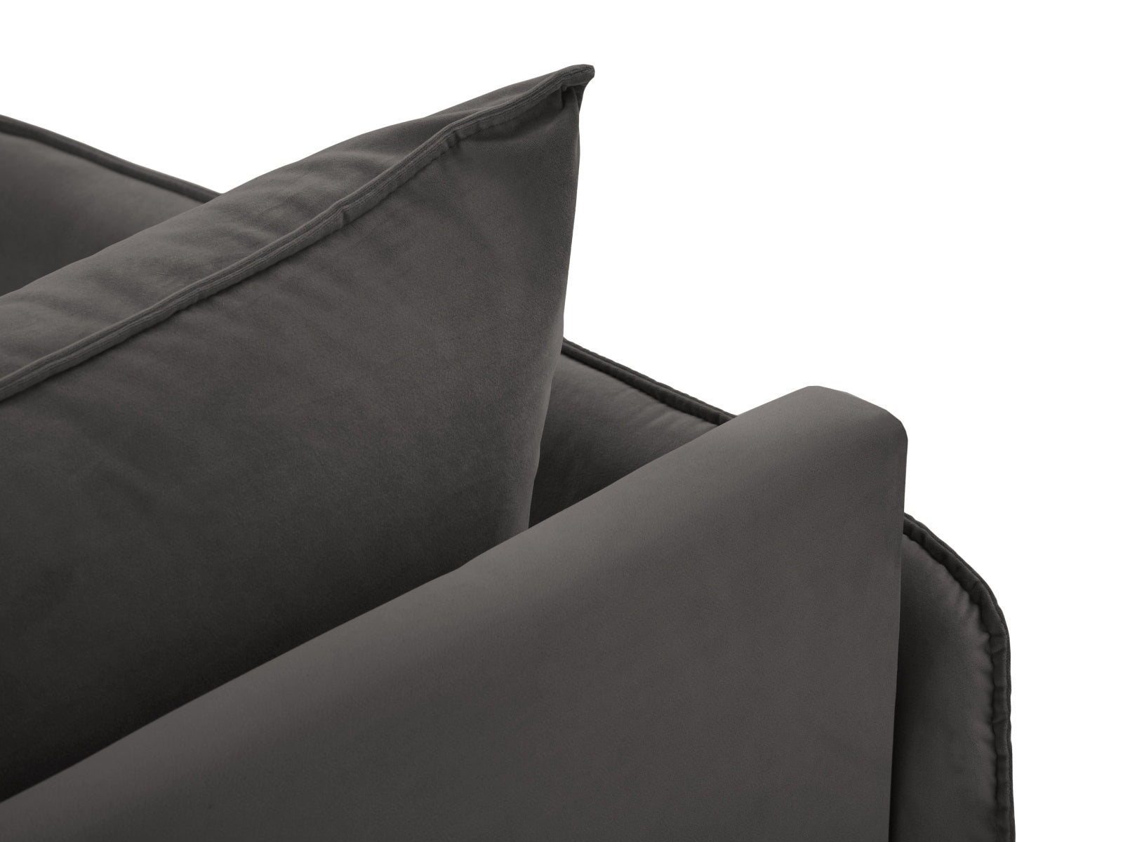 Elegantes Velours-Sofa in Dunkelgrau mit linksseitiger Chaise Lounge, perfekt für stilvolle Akzente und komfortable Entspannung im Wohnbereich.