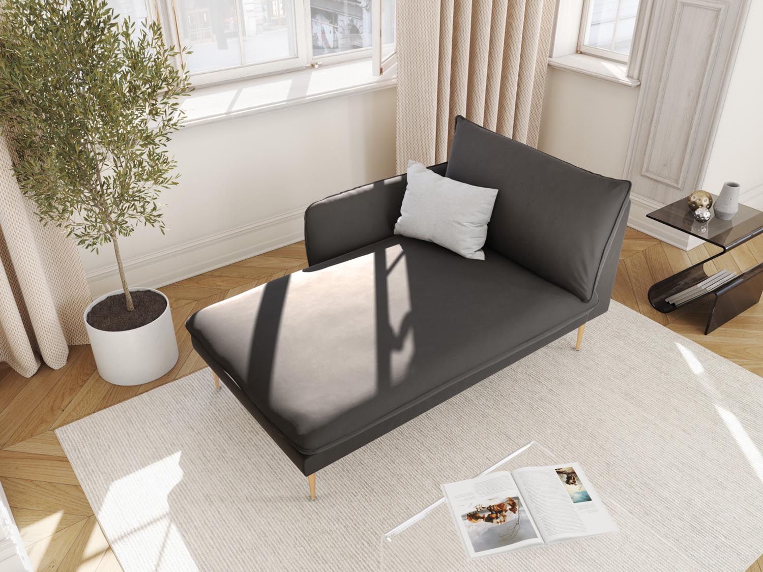 Elegantes Vienna Velour Sofa Chaise Lounge links mit 1 Sitz und 110 cm in Dunkelgrau, stilvoll präsentiert im modernen Wohnambiente.