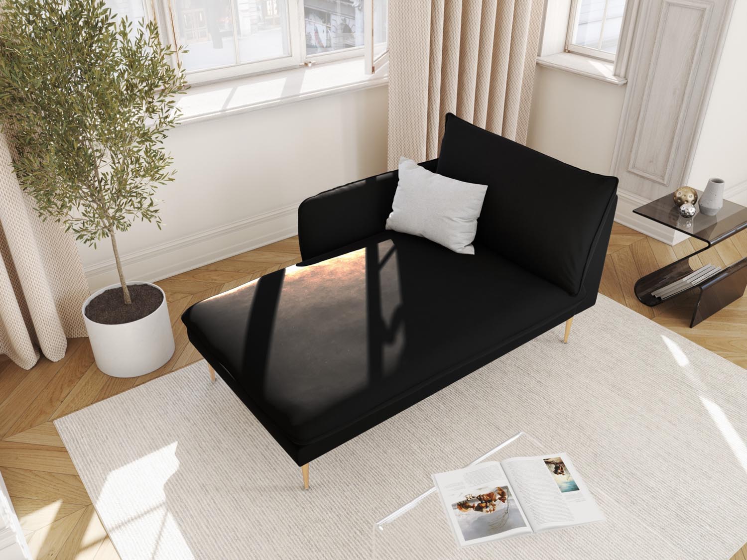 Elegantes Vienna Velour Sofa Chaise Lounge links mit 1 Sitz und 110 cm in stilvollem Schwarz und Gold-Bluvel, ideal für moderne Wohnräume.