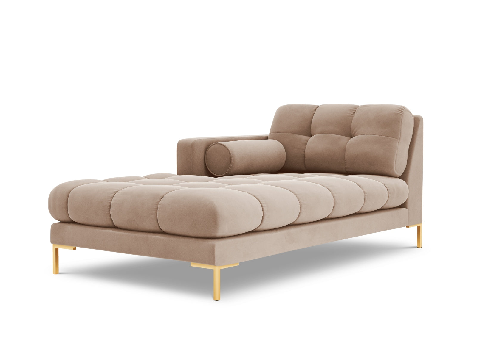Elegante 1-Sitzer Chaise Longue links Bali in sanftem Beige-Bluvel, ideal für moderne Wohnräume und entspannende Rückzugsorte.