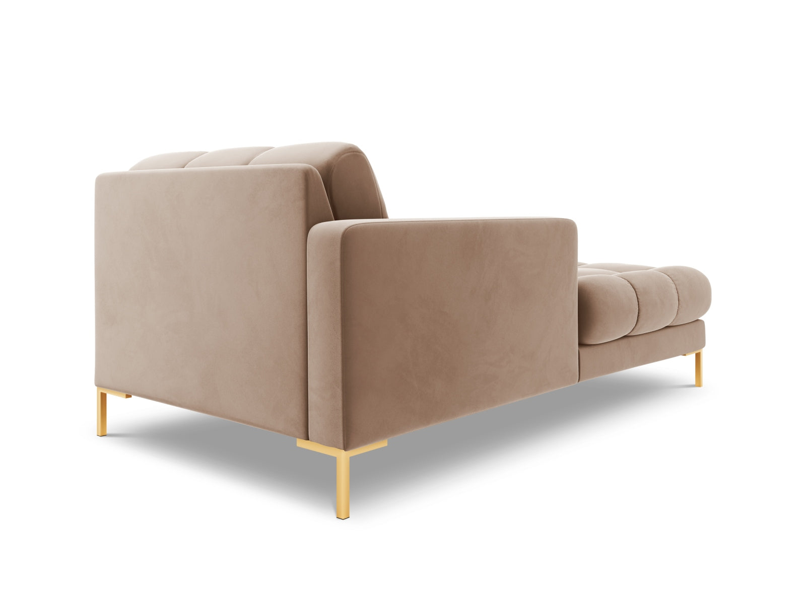 Stilvolle linke Chaise Longue Bali in zartem Beige-Bluvel, perfekt für zeitgemäße Wohnkonzepte und gemütliche Entspannungsbereiche.