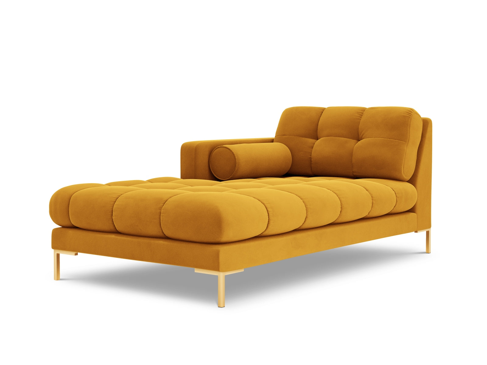 Moderne linke Chaise Longue Bali in strahlendem Gelb, ideal für stilvolle Wohnräume und gemütliche Entspannungsecken.