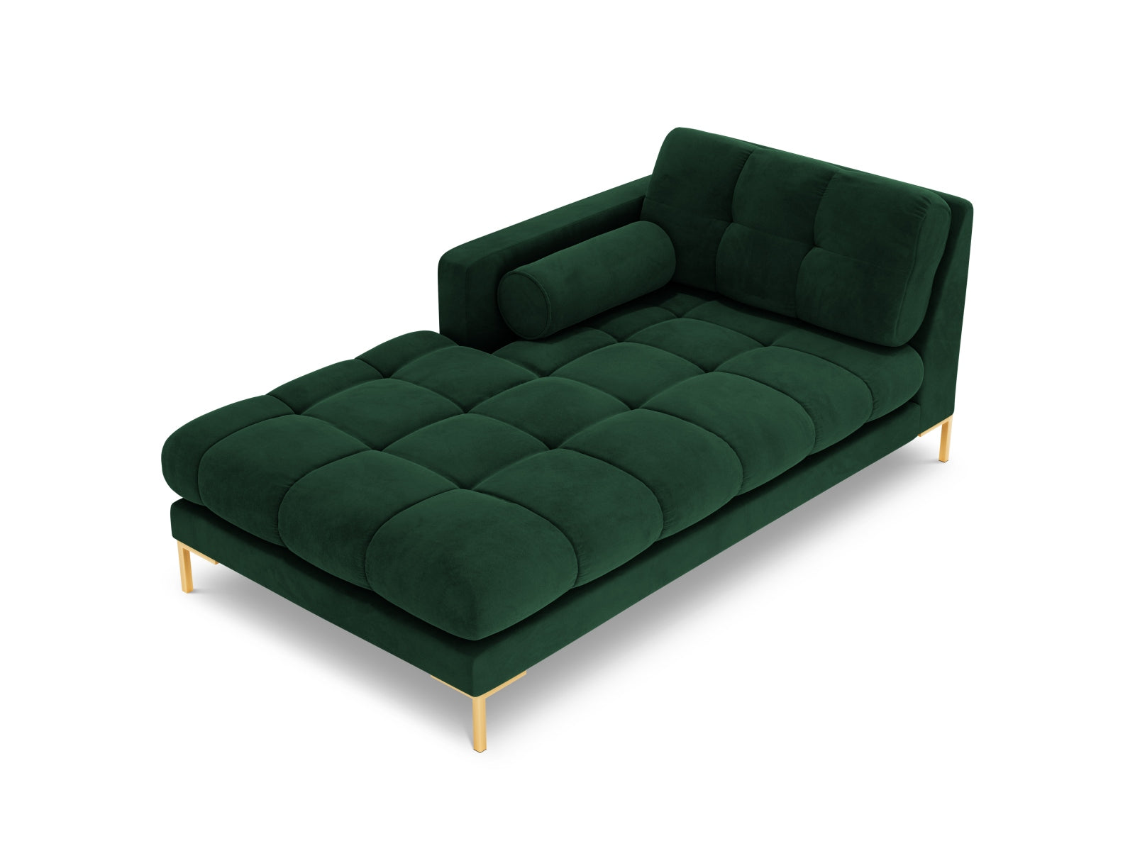 Moderne linke Chaise Longue Bali in tiefem Flaschengrün, perfekt für kreative Wohnkonzepte und gemütliche Entspannungsmomente.