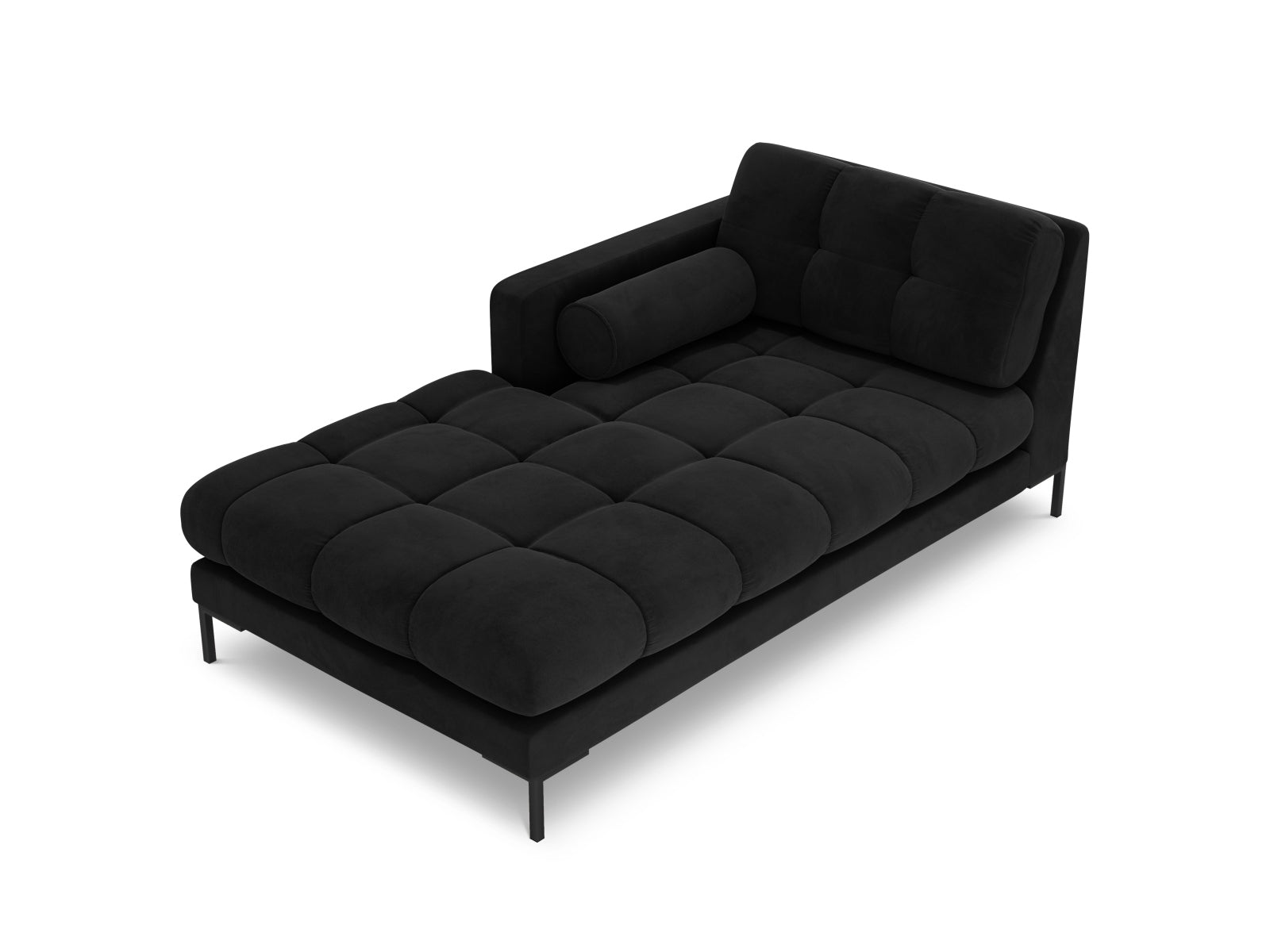 Elegante linke Chaise Longue Bali in Black-Bluvel, ideal für stilvolle Wohnräume. Teil des modularen Sofas von Cosmopolitan Design.