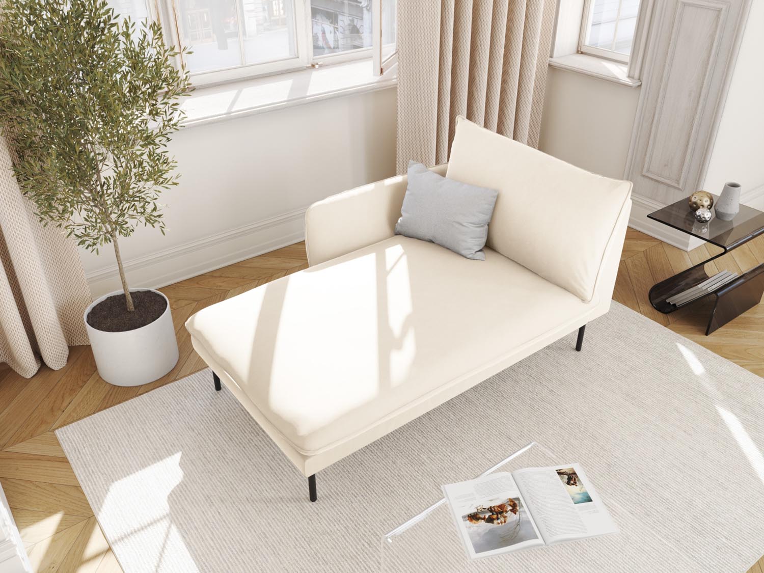 Elegantes Vienna Velour Sofa Chaise Lounge links in sanftem Beige und stilvollem Schwarz-Bluvel, ideal für moderne Wohnräume.