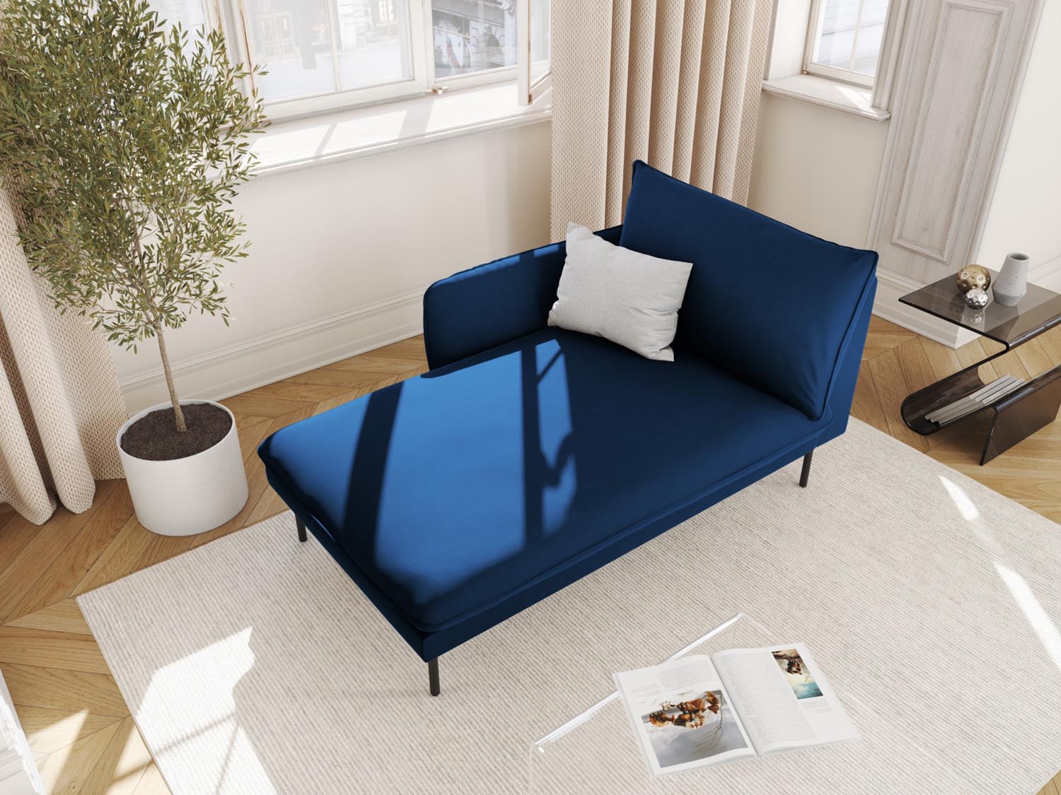 Elegantes Vienna Velour Sofa Chaise Lounge links mit 1 Sitz in Royal Blue/Schwarz-Bluvel, ideal für stilvolle Wohnräume.
