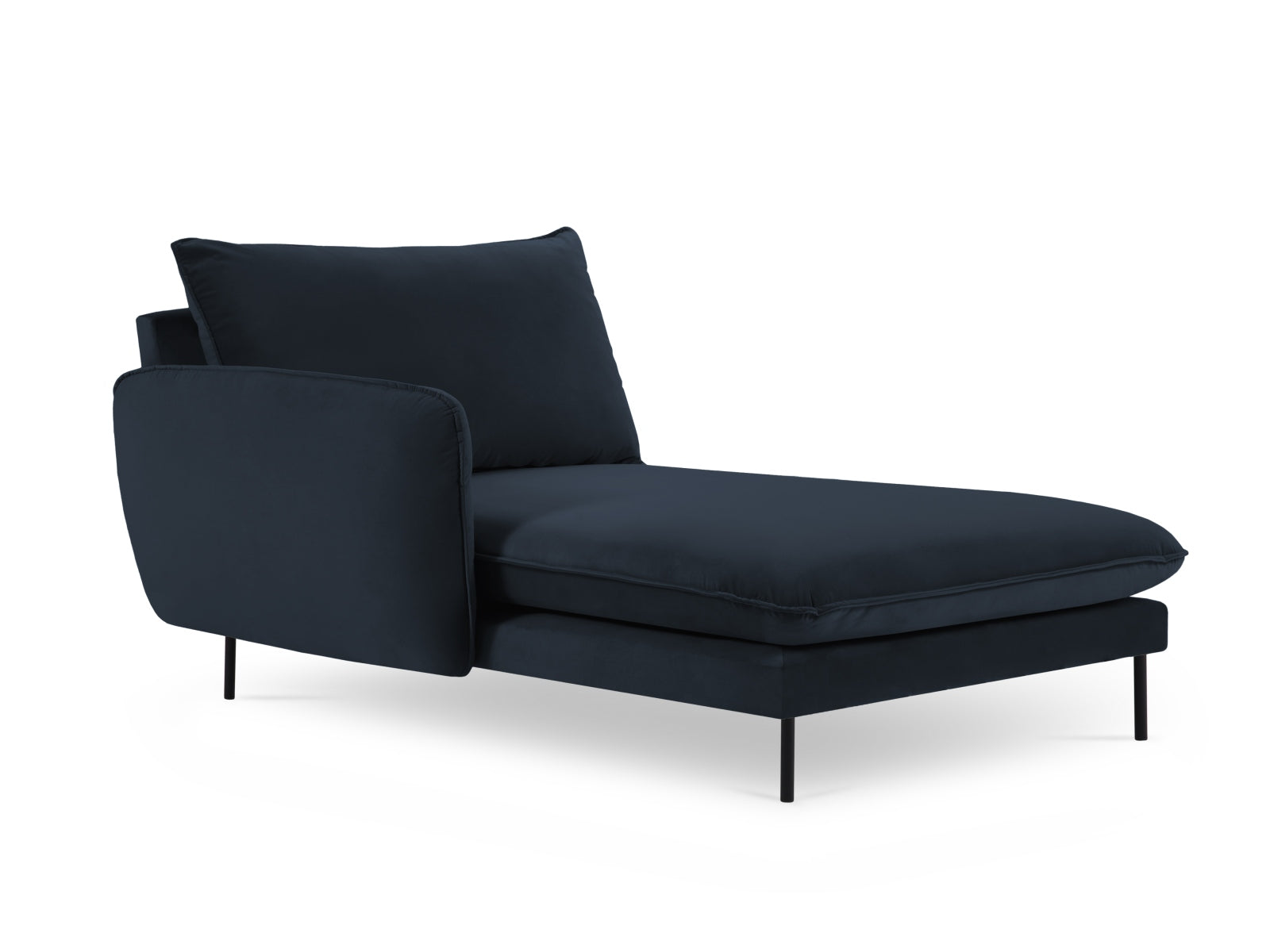 Stilvolles, dunkelblaues Vienna Velour Sofa Chaise Lounge links mit 1 Sitz und 110 cm, perfekt für zeitgemäße Inneneinrichtungen.