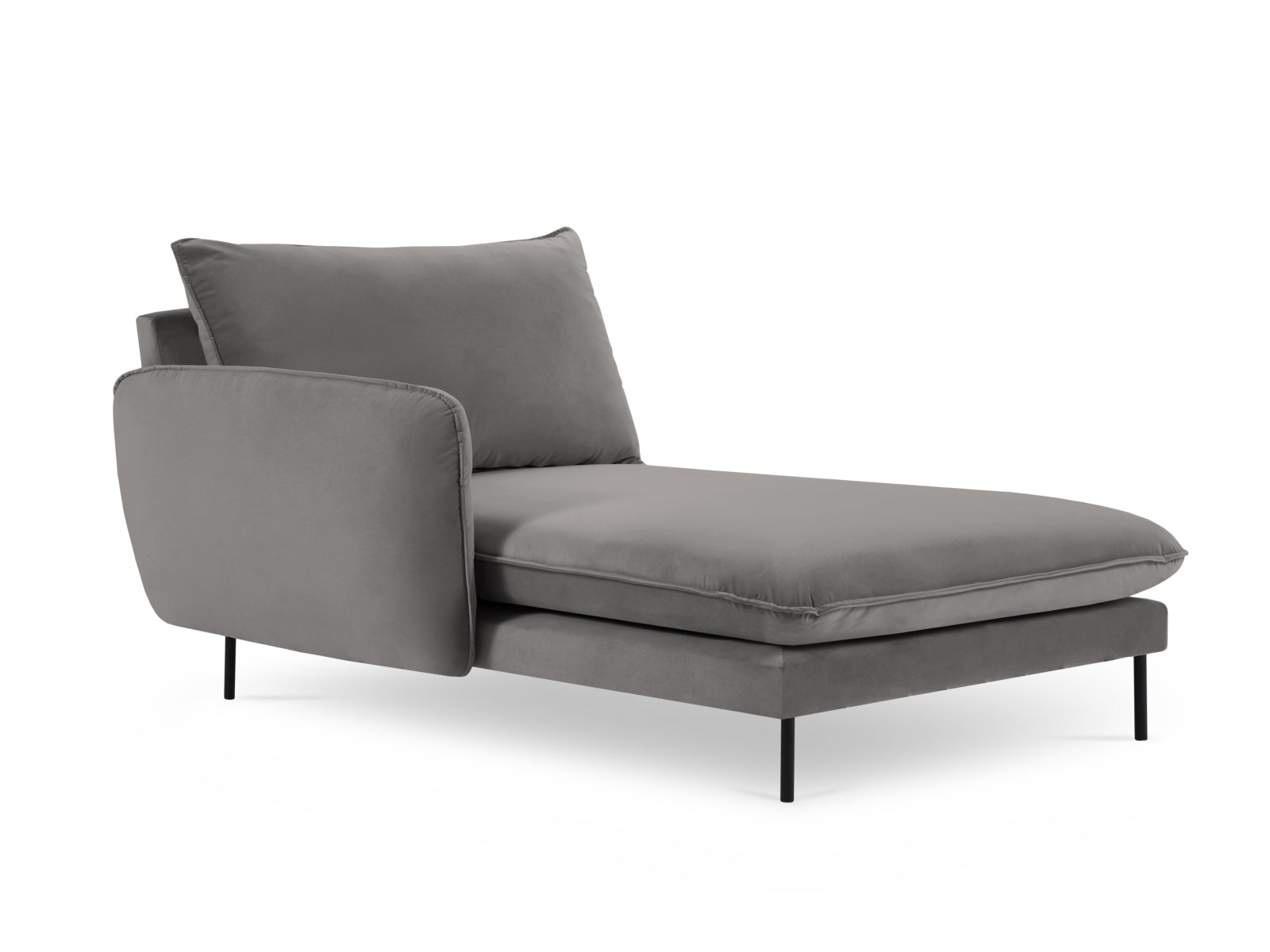 Stylisches Vienna Velour Sofa Chaise Lounge links mit 1 Sitz, in sanftem Hellgrau und edlem Schwarz-Bluvel, perfekt für zeitgemäße Inneneinrichtungen.