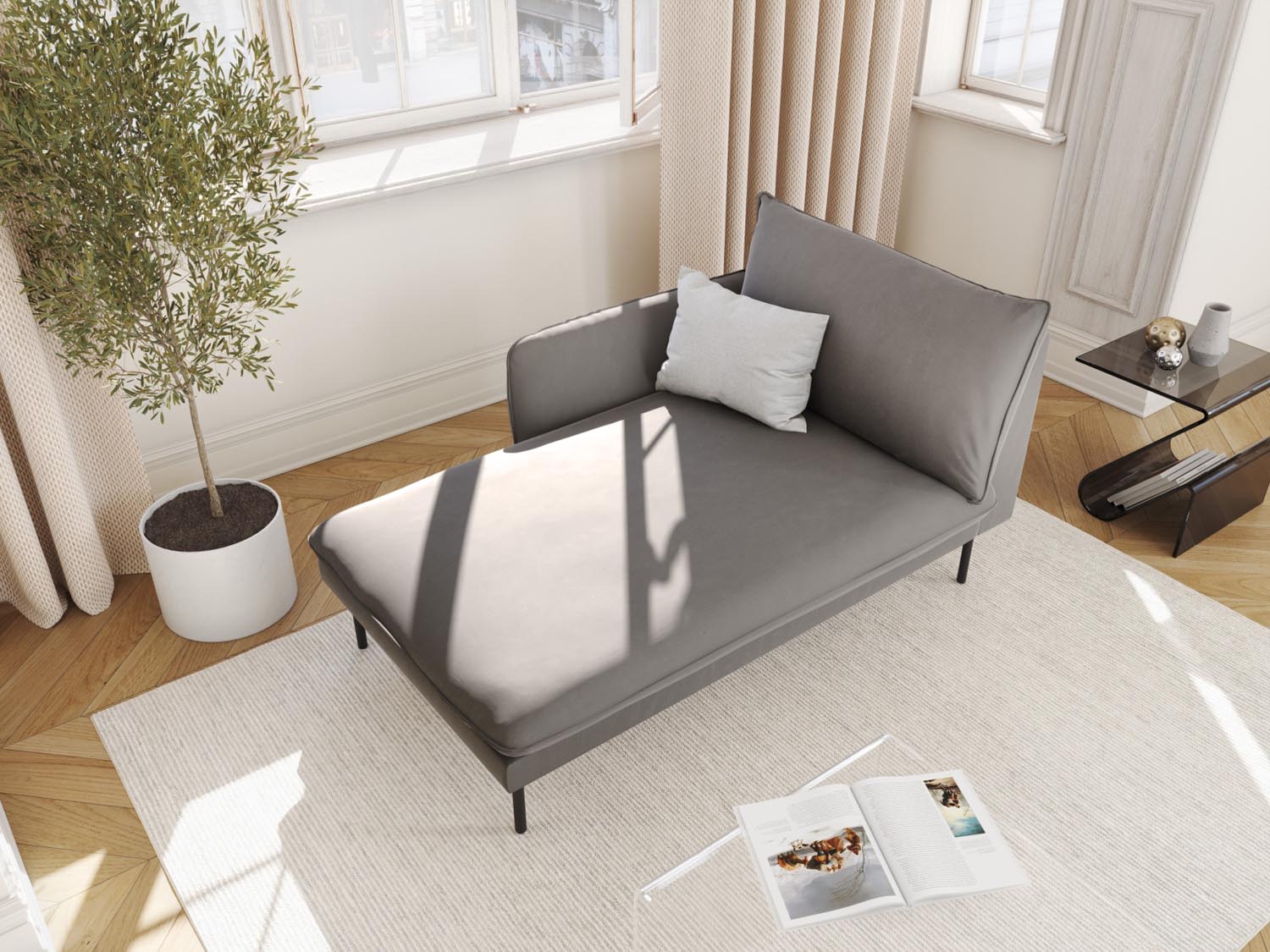 Vienna Velour Sofa Chaise Lounge links 1 Sitz 110cm in Light Grey/Schwarz-Bluvel präsentiert im Onlineshop von KAQTU Design AG. L-Sofa links ist von Cosmopolitan Design