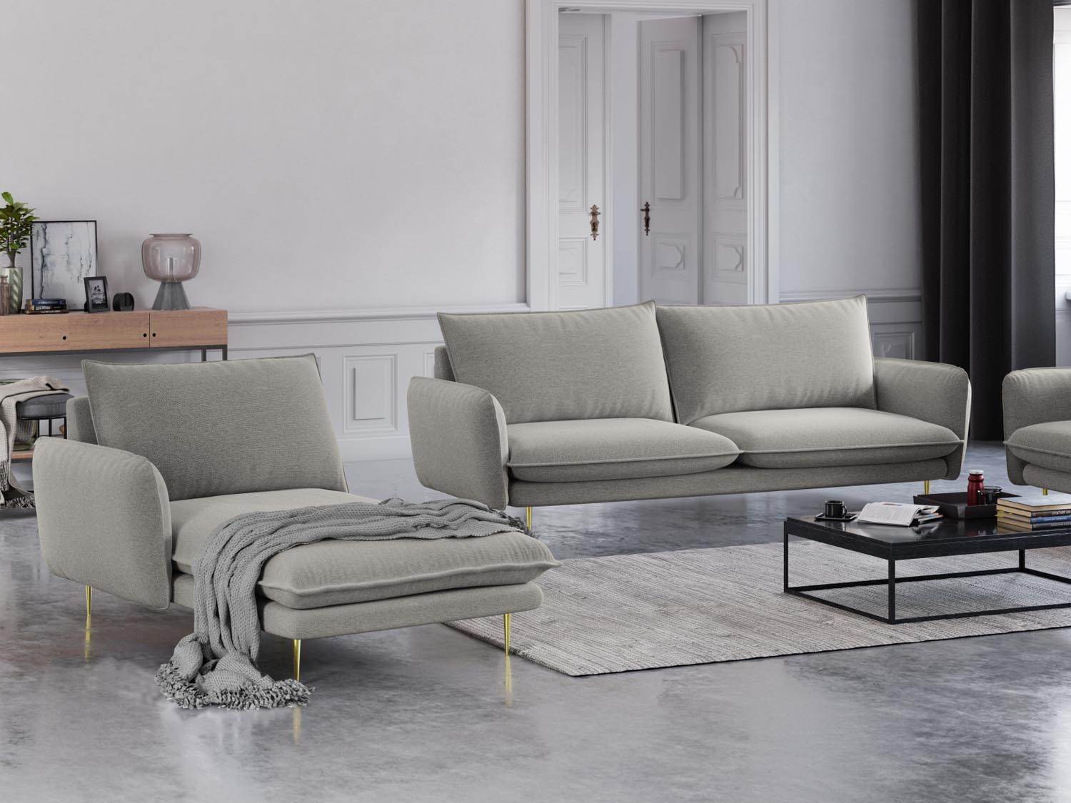 Entdecken Sie das elegante Vienna Sofa Chaise Lounge links von Cosmopolitan Design – Komfort und Stil für Ihr Zuhause in Light Grey/Gold.