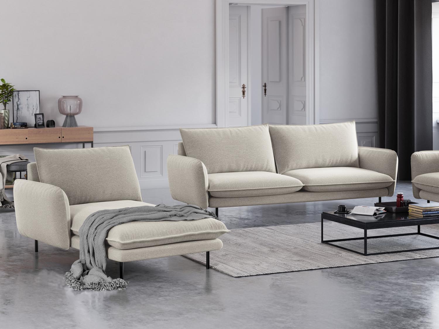 Entdecken Sie das elegante Vienna Sofa Chaise Lounge links von Cosmopolitan Design – Komfort und Stil für Ihr Zuhause in Light Beige/Schwarz.