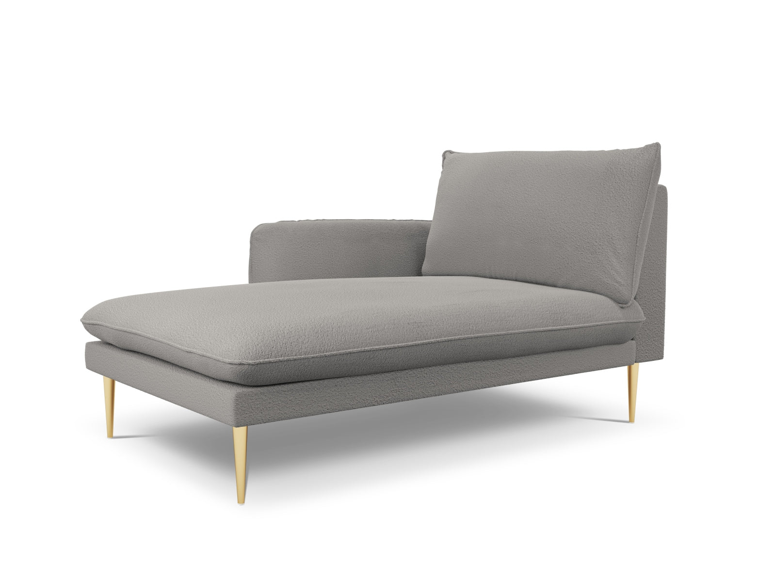 Stilvolles Vienna Boucle Sofa Chaise Lounge links mit 1 Sitz, 110 cm, in edlem Grau und goldenen Akzenten, perfekt für zeitgemäße Inneneinrichtungen.