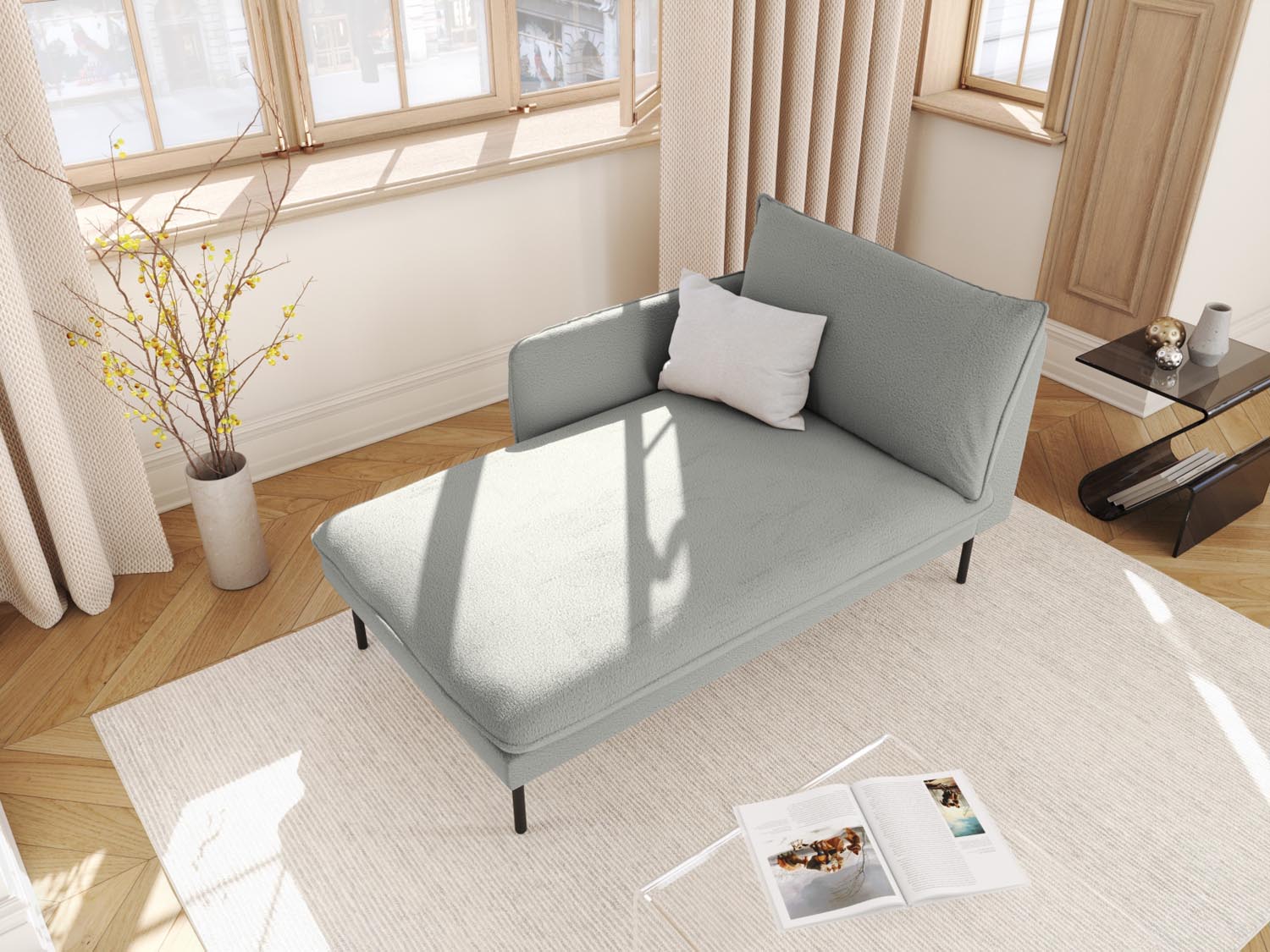 Elegantes Vienna Boucle Sofa Chaise Lounge links mit 1 Sitz und 110 cm in stilvollem Grau/Schwarz, ideal für moderne Wohnräume.