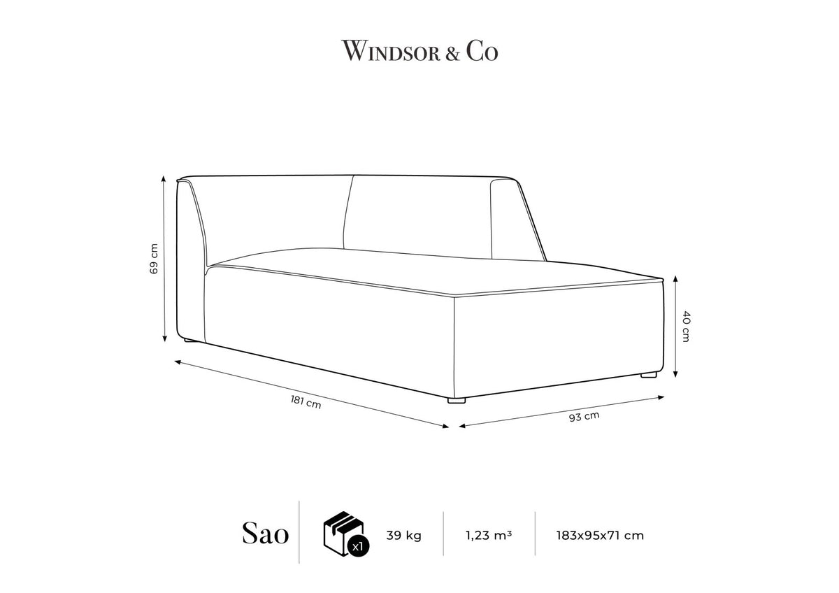 Siena Chaiselongue rechts 1-Sitzer 181cm in Light Beige-Scala mit strukturiertem Cordstoff, Massivholzrahmen und schwarzen Kunststoffbeinen.