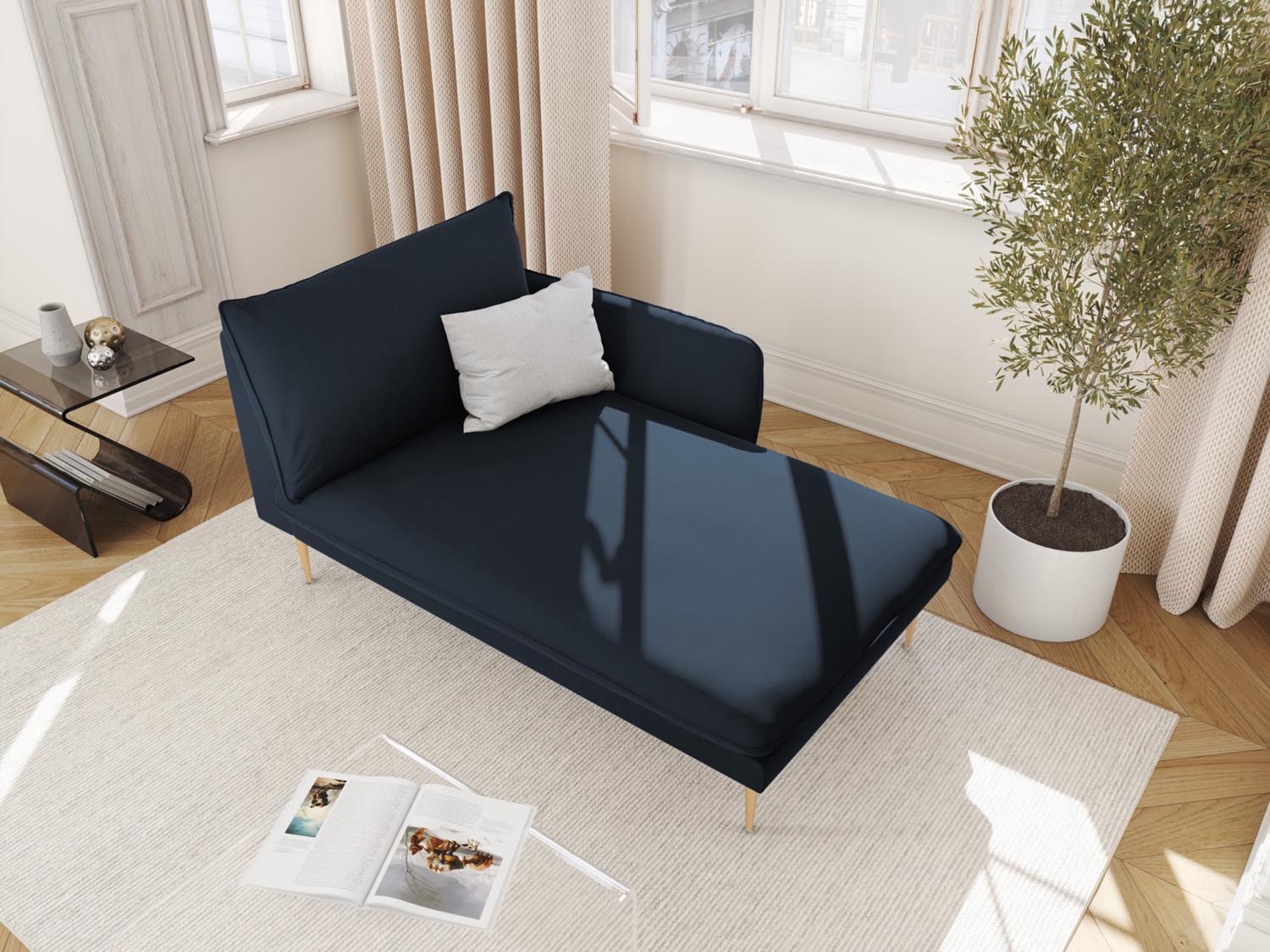 Elegantes Vienna Velour Sofa Chaise Lounge in Dunkelblau mit goldenen Akzenten, ideal für stilvolle Wohnräume. Rechtsseitige Sitzgelegenheit.