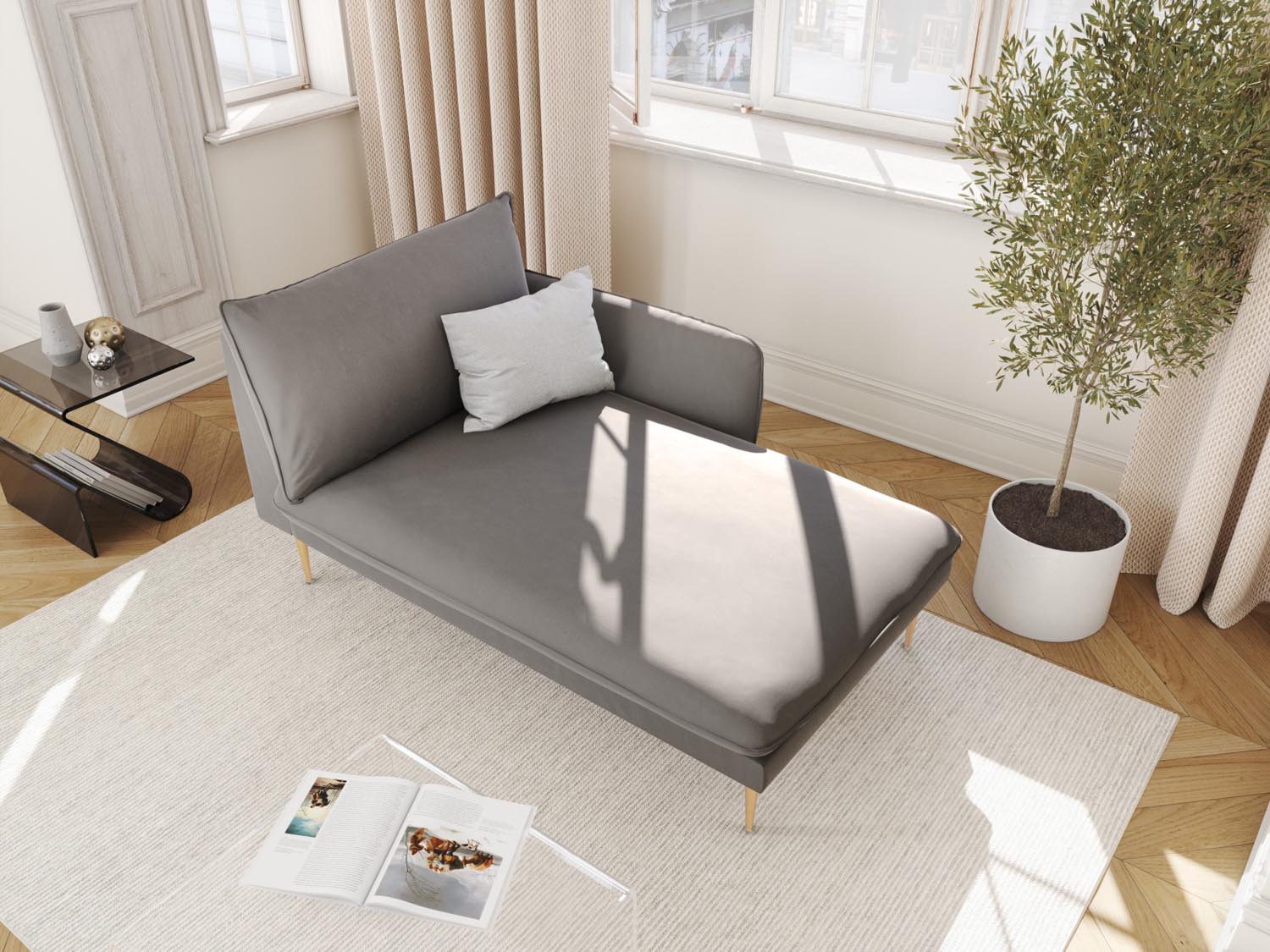 Elegantes Vienna Velour Sofa Chaise Lounge in Hellgrau mit goldenen Akzenten, ideal für stilvolle Wohnräume.