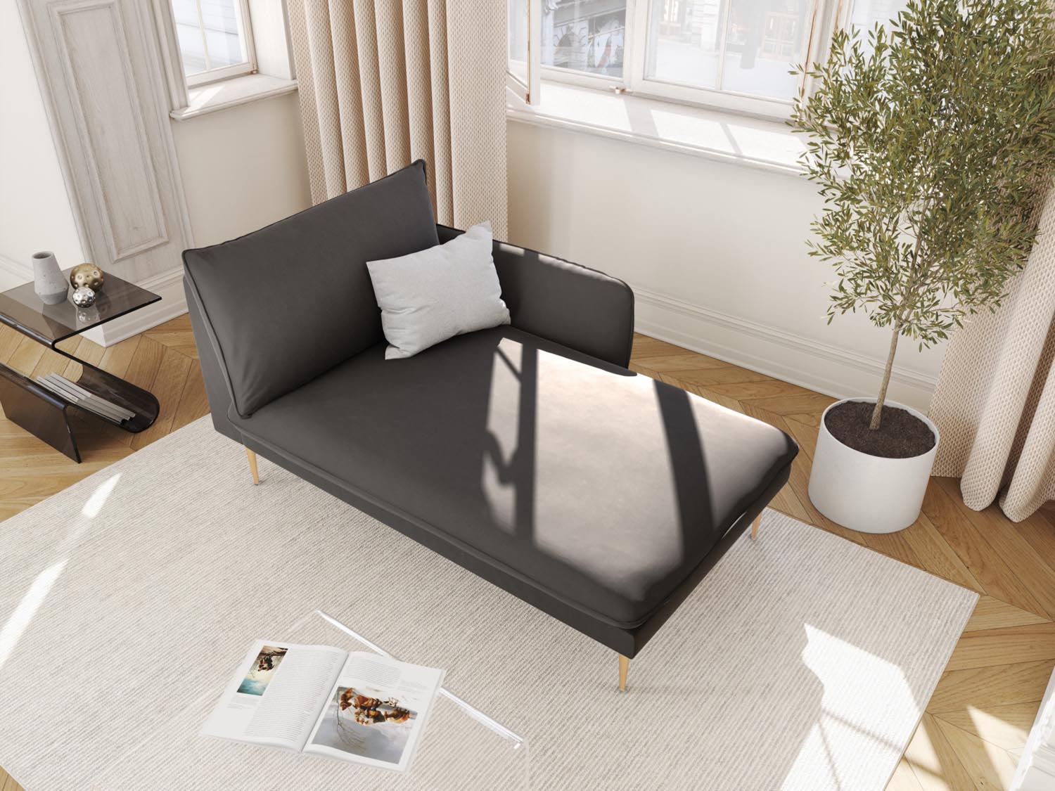 Elegantes Vienna Velour Sofa Chaise Lounge in Dunkelgrau mit goldenen Akzenten, ideal für stilvolle Wohnräume.
