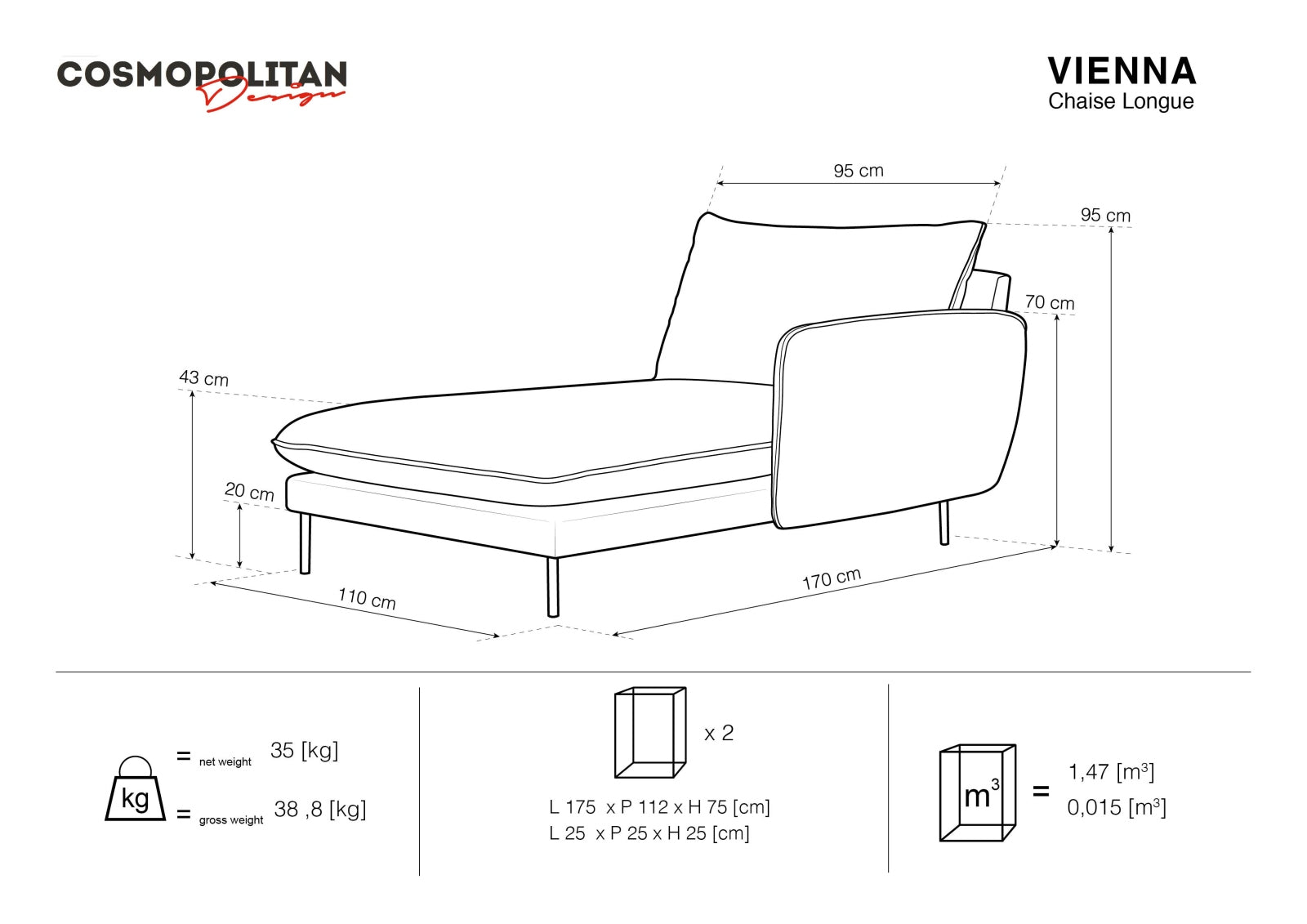 Vienna Velour Sofa Chaise Lounge rechts 1 Sitz 110cm in Black/Gold-Bluvel präsentiert im Onlineshop von KAQTU Design AG. L-Sofa rechts ist von Cosmopolitan Design