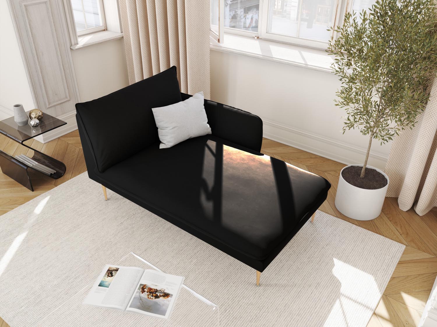 Vienna Velour Sofa Chaise Lounge rechts 1 Sitz 110cm in Black/Gold-Bluvel präsentiert im Onlineshop von KAQTU Design AG. L-Sofa rechts ist von Cosmopolitan Design