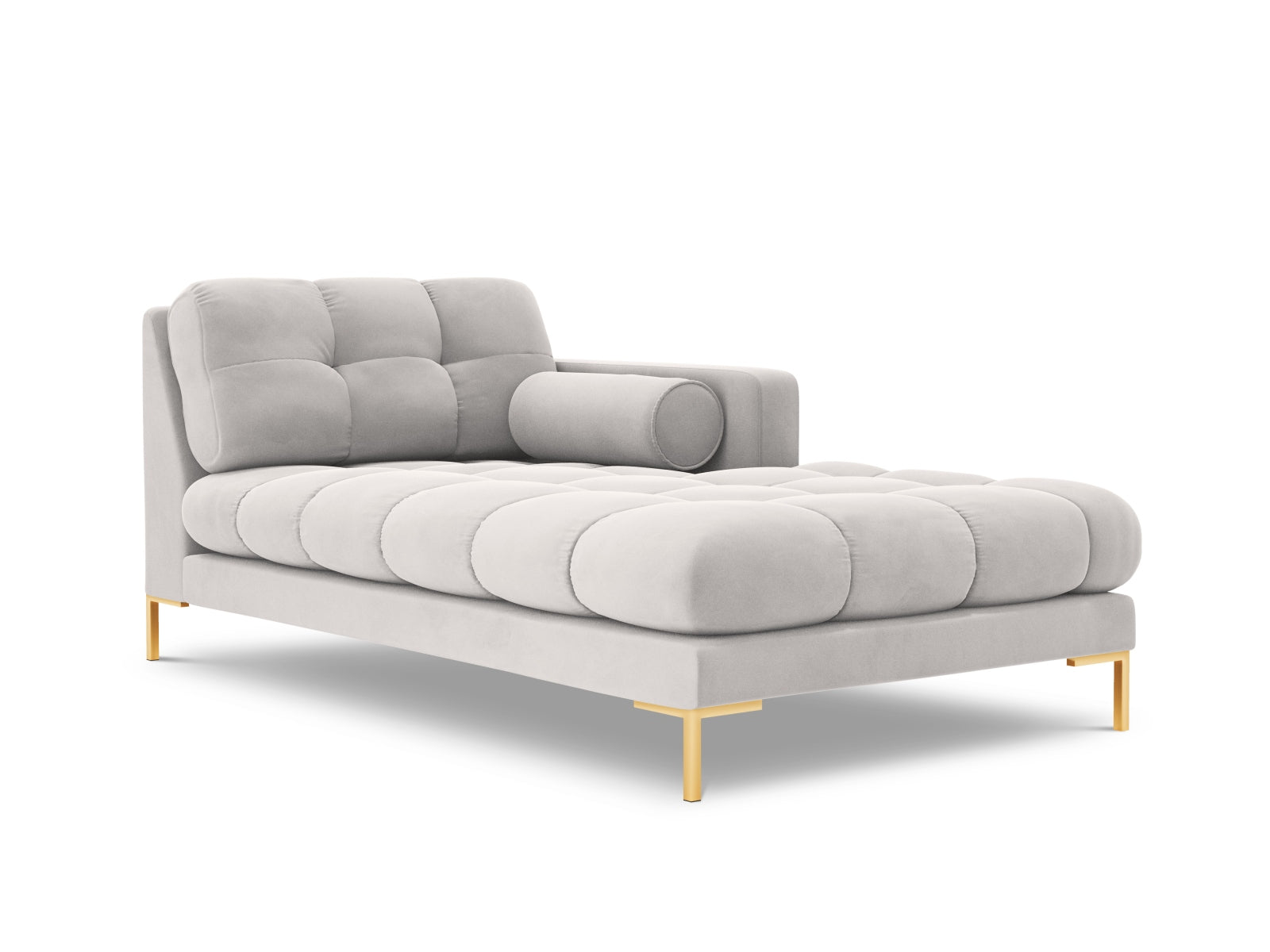 Elegante rechte 1-Sitzer Chaise Longue Bali in hochwertigem Silver-Bluvel, ideal für modernes Wohndesign und gemütliche Auszeiten.