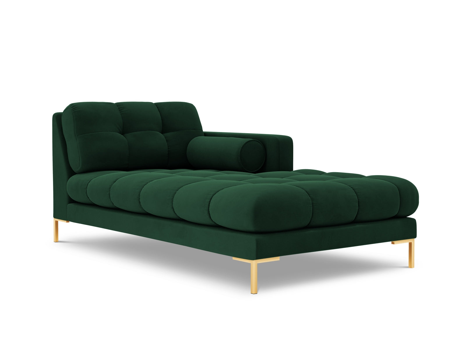 Elegante rechte 1-Sitzer Chaise Longue Bali in tiefem Flaschengrün, ideal für moderne Wohnkonzepte und gemütliche Entspannungsecken.