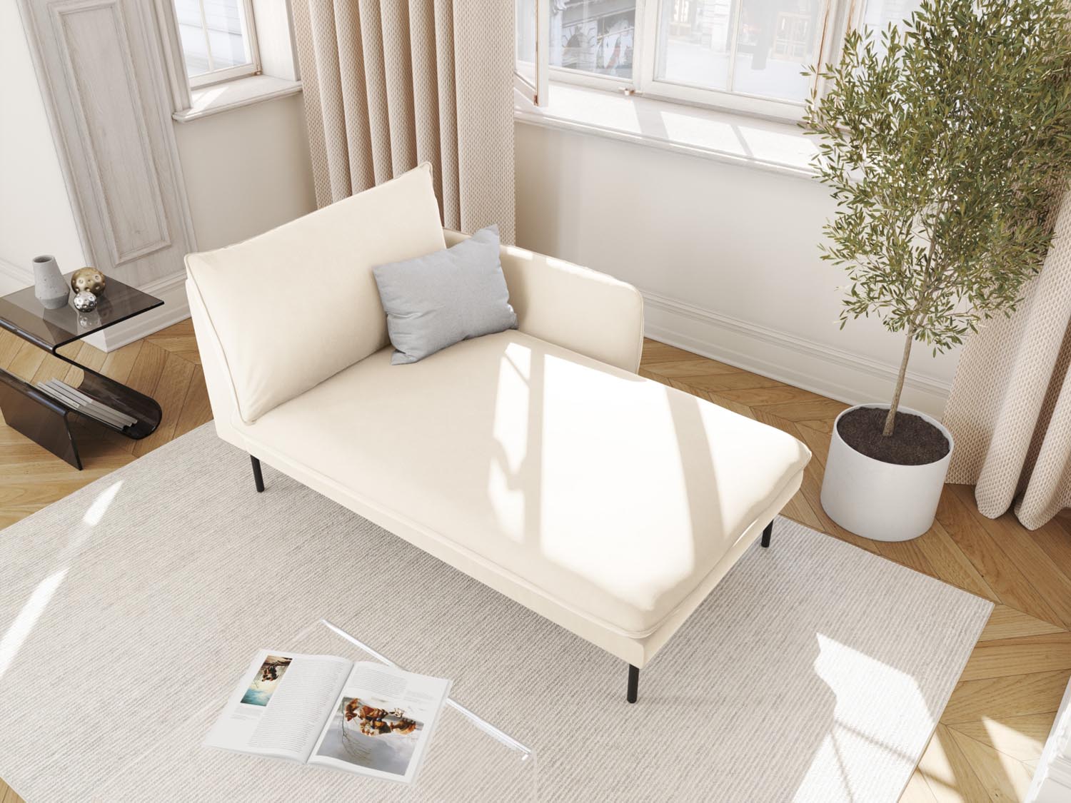 Elegantes Vienna Velour Sofa Chaise Lounge in Light Beige mit schwarzem Bluvel, ideal für stilvolle Wohnräume. Perfekt für entspannte Momente.